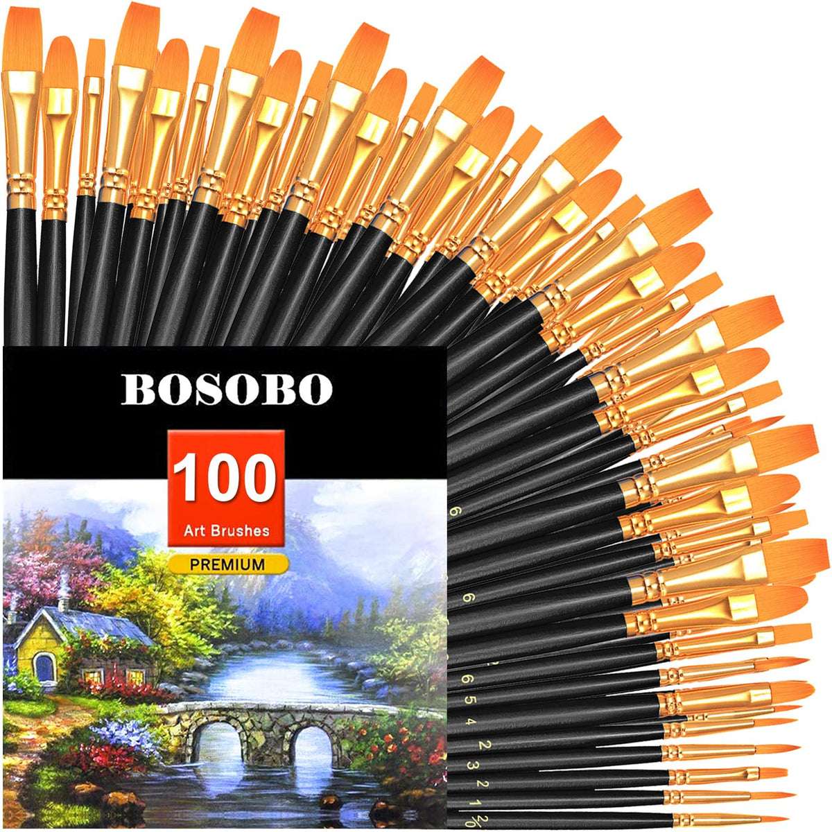 BOSOBO Paint Brushes Set, 10 Pack 100 Pcs Round Pointed Tip Paintbrushes Nylon Hair Artist Acrylic