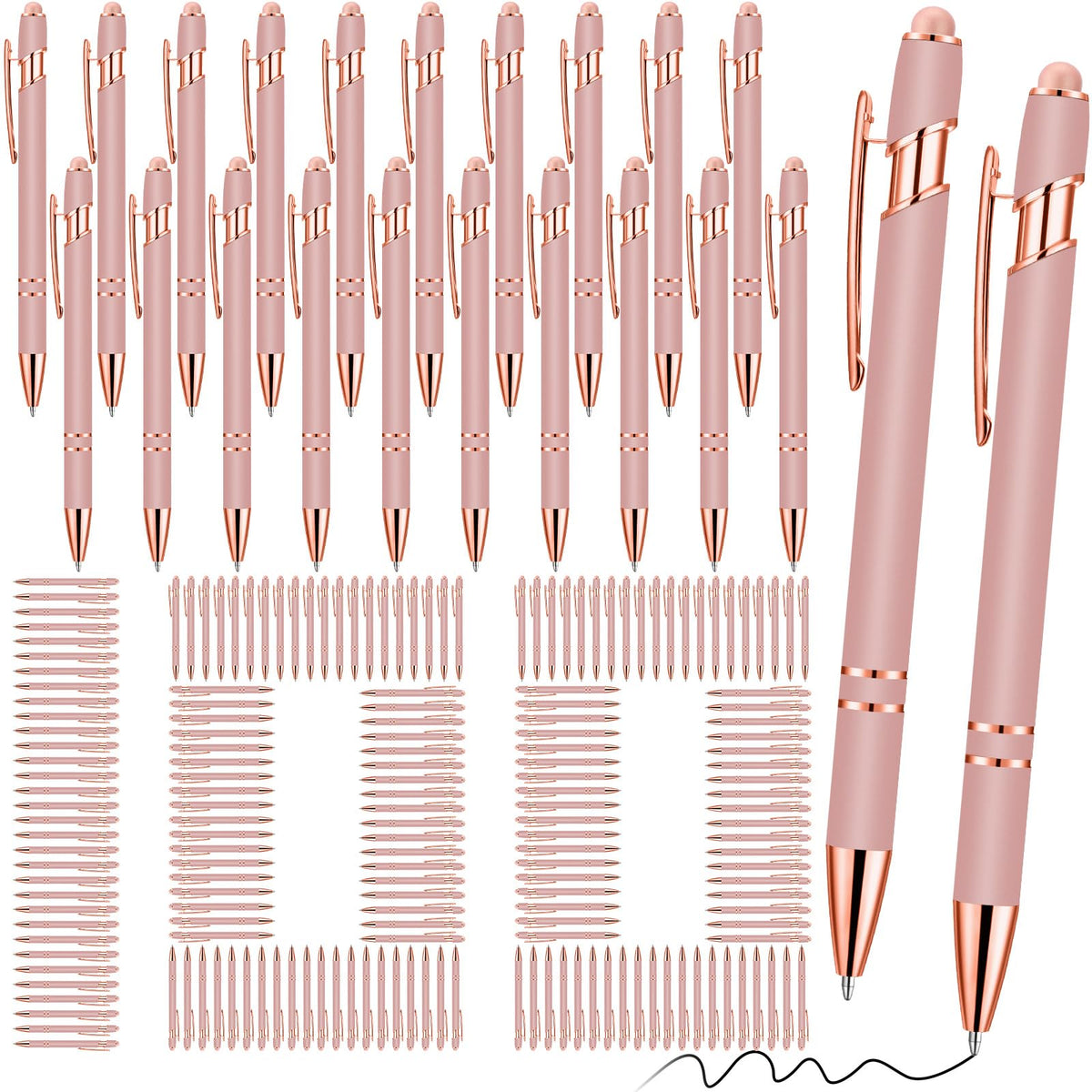 Yeaqee 100 Pieces Ballpoint Pen Bulk with Stylus Tip Click, Rose Gold