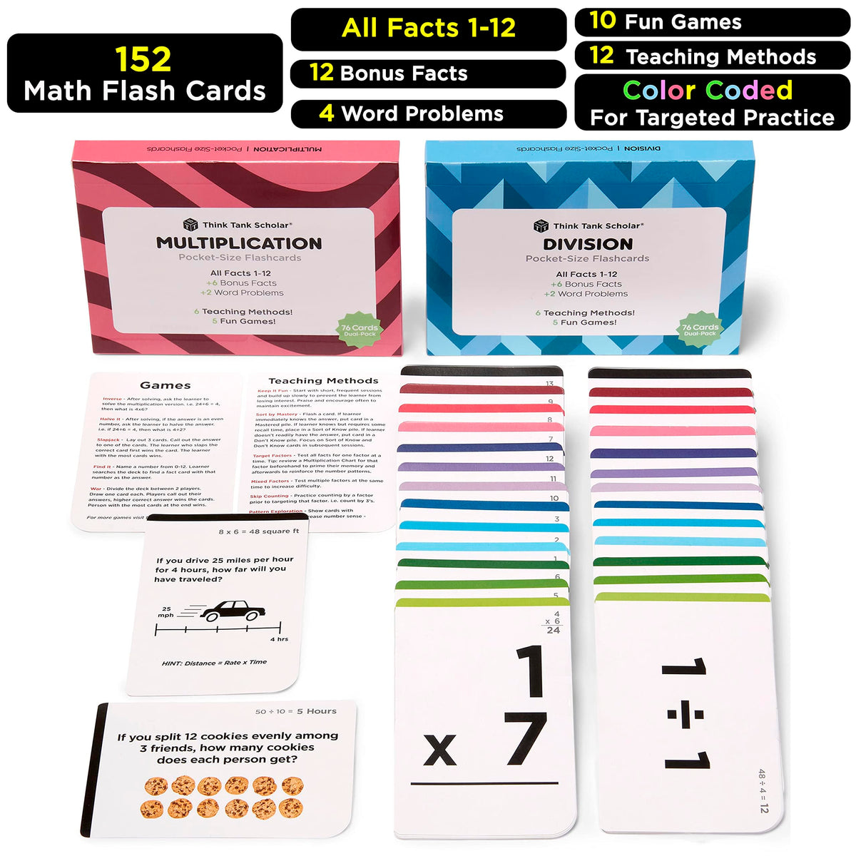 Award-Winning Math Flash Cards – 300 Multiplication & Division Facts (1–12) – 2 Facts Per Card with