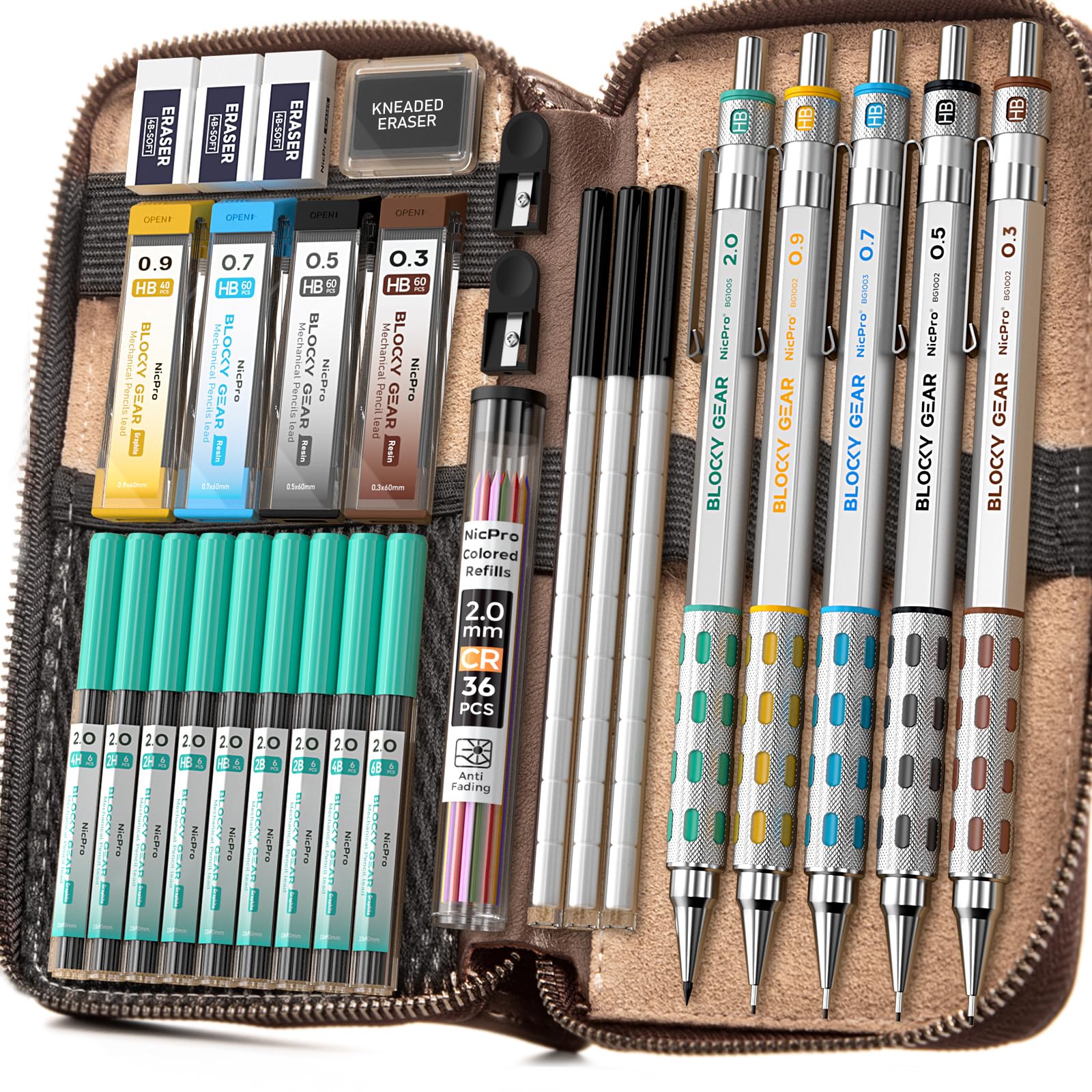 Nicpro Blocky Gear Metal Mechanical Pencil Set in Leather Case