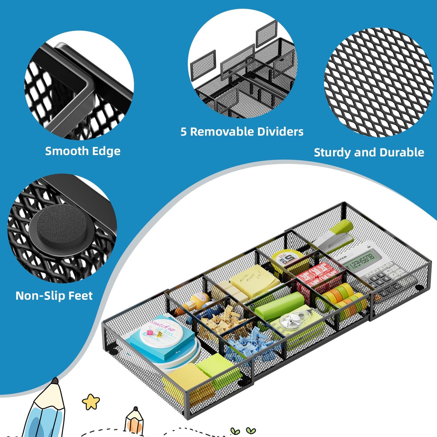 Marbrasse Expandable Desk Drawer Organizer, Mesh Drawer Organizer Tray with 10 Adjustable