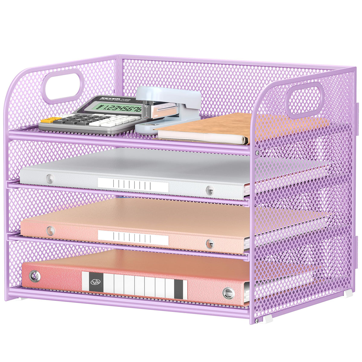 Lavatino 4-Tier Paper Organizer Trays - Purple Mesh File Folder Sorter with Handles, Desk Letter