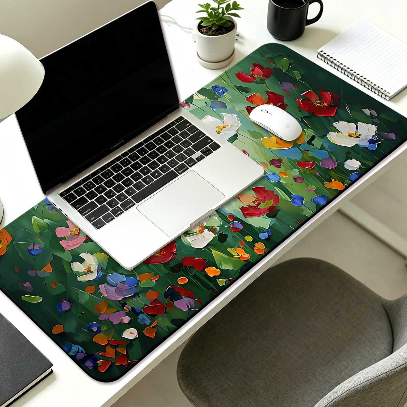 Abstract Green Wildflower Gaming Desk Mat, Computer Keyboard Large Extended Long Floral Mouse Pad