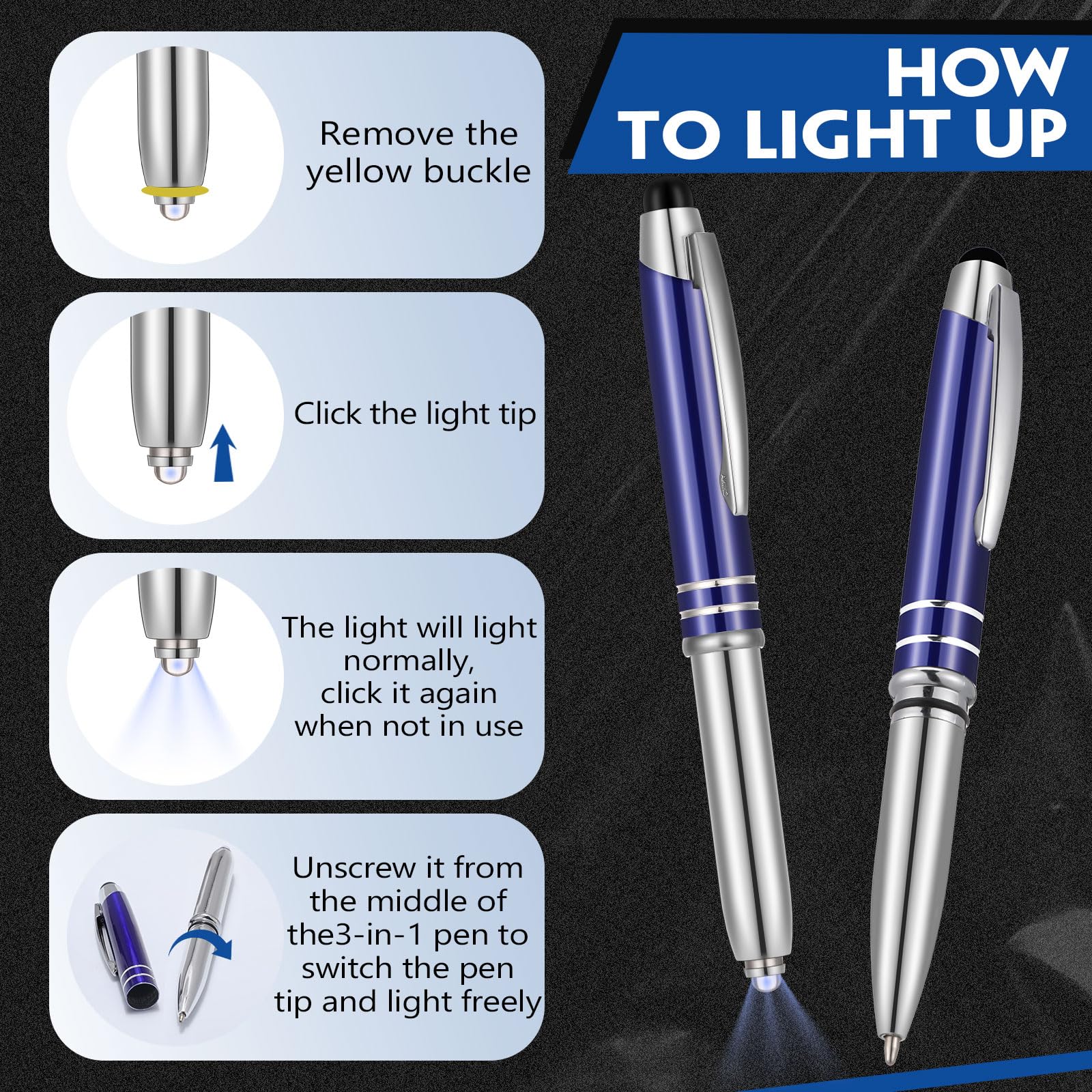 Zonon 15 Pcs Stylus Pen with Light, 3 in 1 Ballpoint Pens, Blue