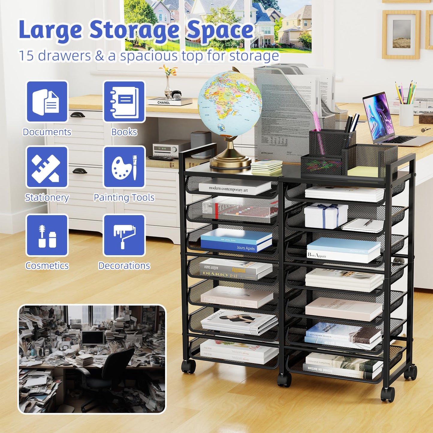 Simple Trending 15-Tier Rolling File Cart, Desk File Organizer with 14 Mesh Sliding Trays, Letter &