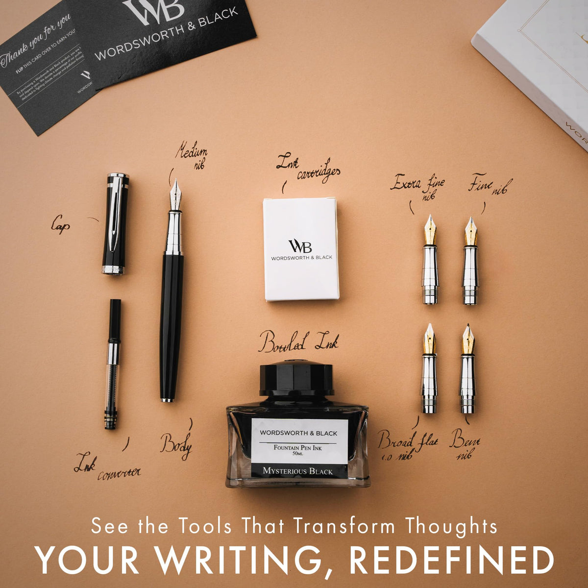 Wordsworth & Black Luxury Fountain Pen Set for Writing, 6 Nibs,Black Chrome