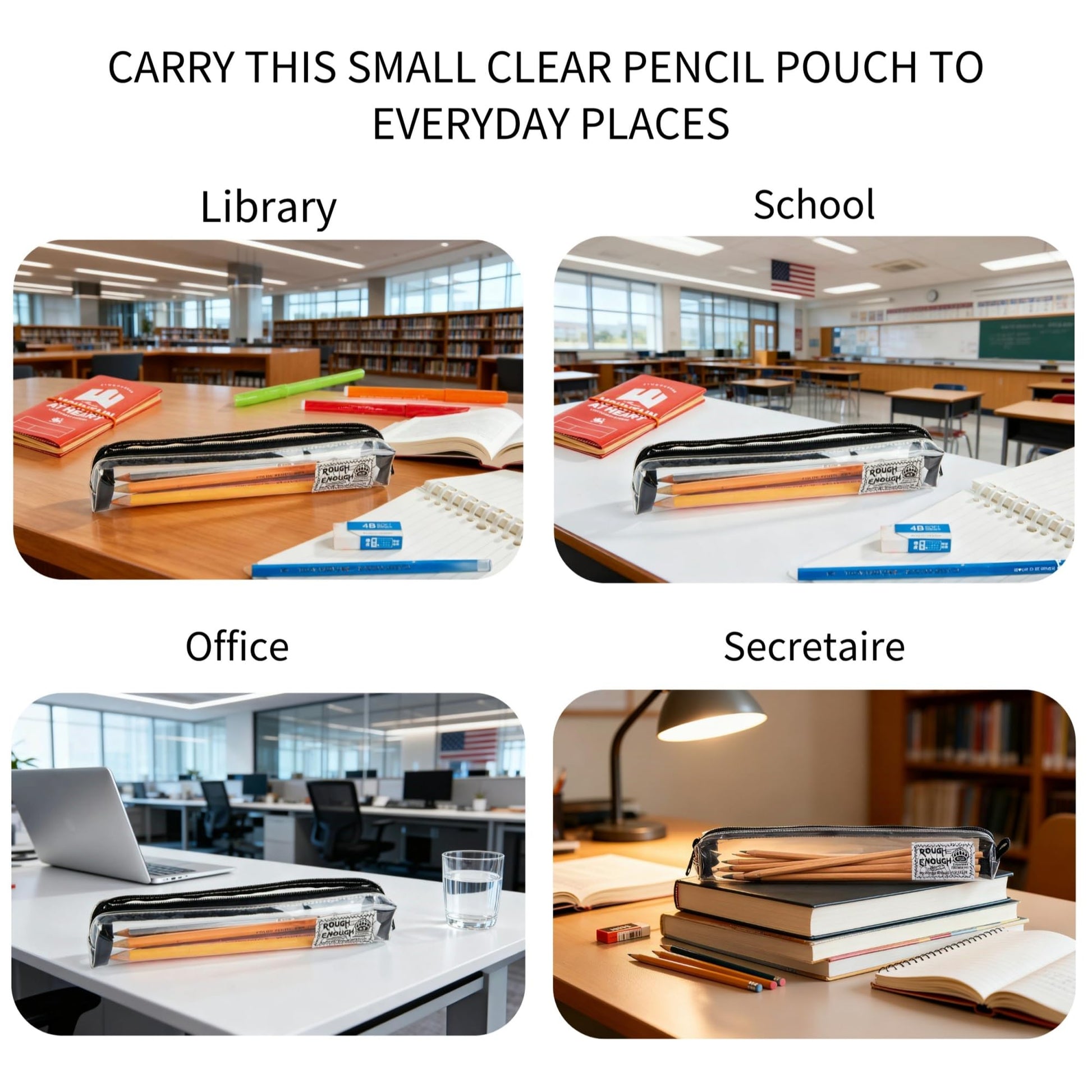 Rough Enough Clear Pencil Pouch, Slim Pen Case for Classroom & Office