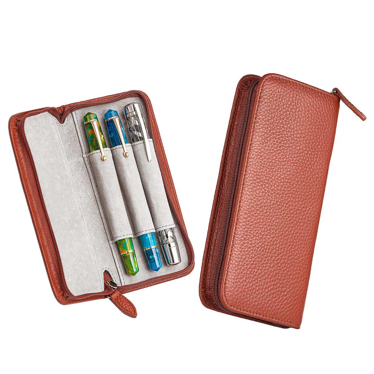 Lanxivi Genuine Leather Fountain Pen Case 3 Divided Slots Coffee Color, Zippered Pen Case Pouch