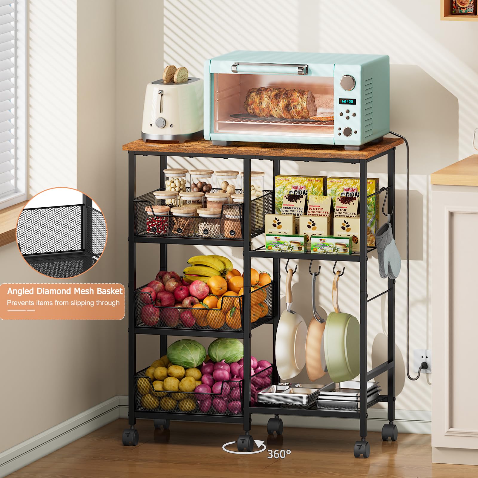 Rolling Kitchen Microwave Organizer Cart, Adjustable Shelves, Black