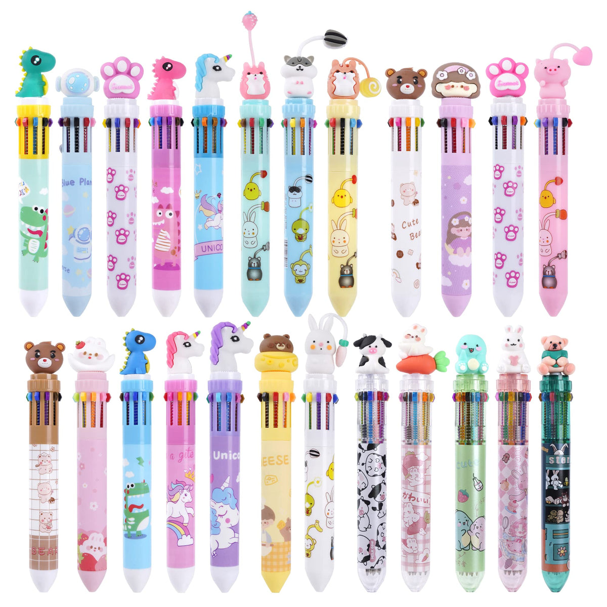 Kolewo4ever 24 Pieces Multicolor Ballpoint Pens 10-in-1 0.5mm Retractable Ballpoint Cartoon Pens