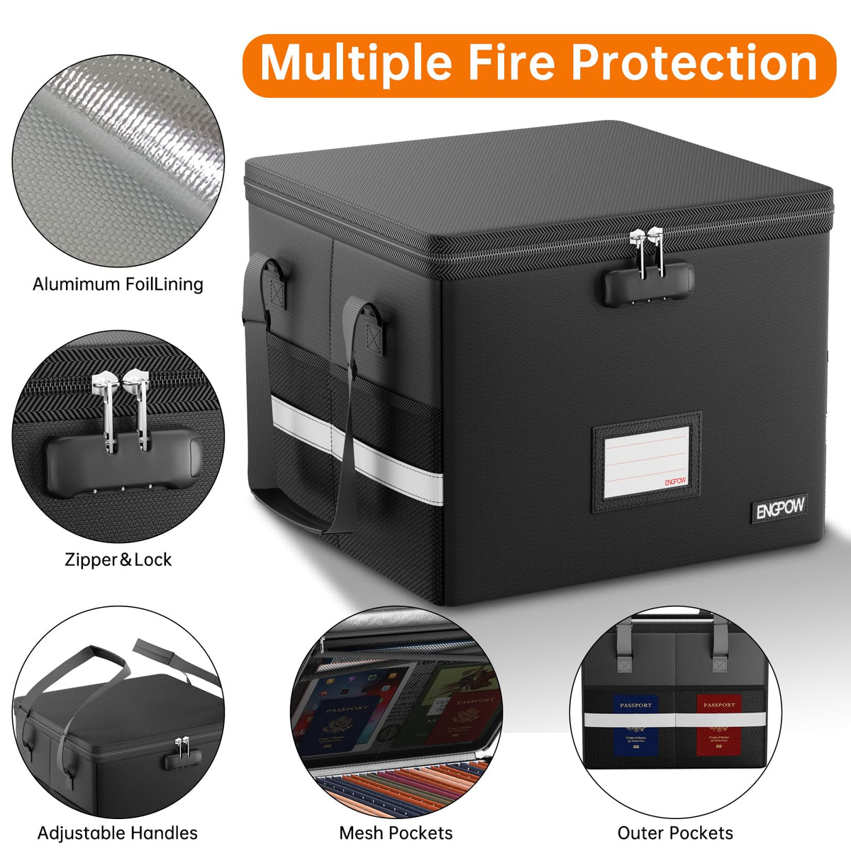 ENGPOW 5200°F Fireproof Document Box with Lock, Heat Insulated Collapsible File Storage Organizer