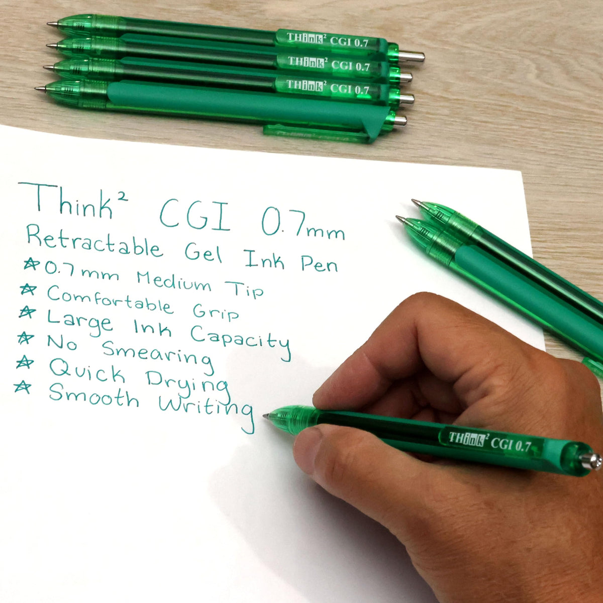 [24 Pens - Green Ink] Think2 0.7mm CGI Retractable Gel Pens. (24 Green) Medium Point Rollerball
