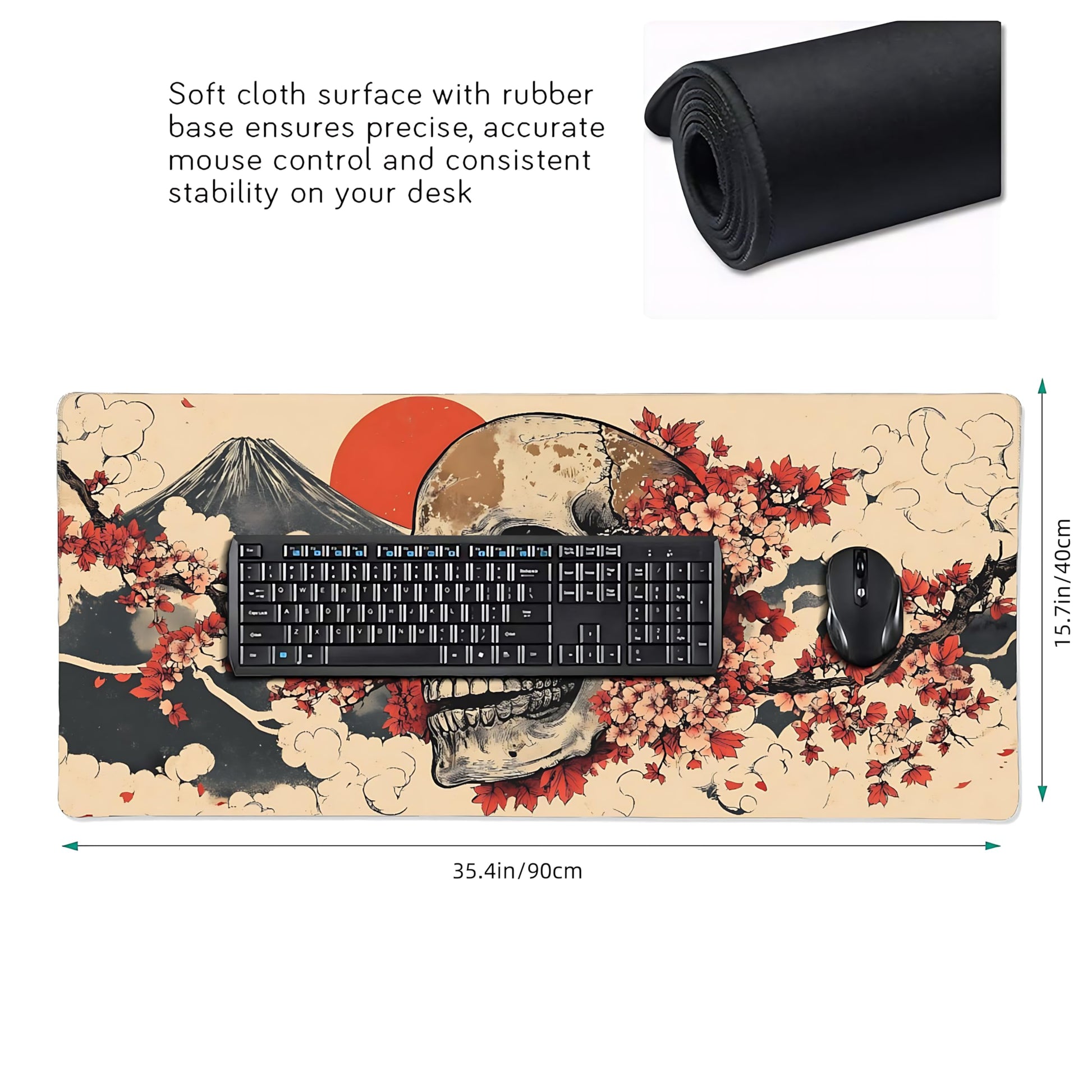 Aesthetic Skull Gaming Mouse Pad, Beige Red Japanese Desk Mat with Anti-Slip Base & Stitched Edges