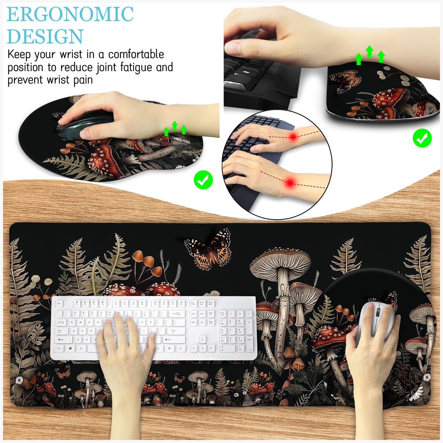 LIMKRIAN Mushroom Mouse Pad Set Large Desk Matt for Desktop Fall Decor