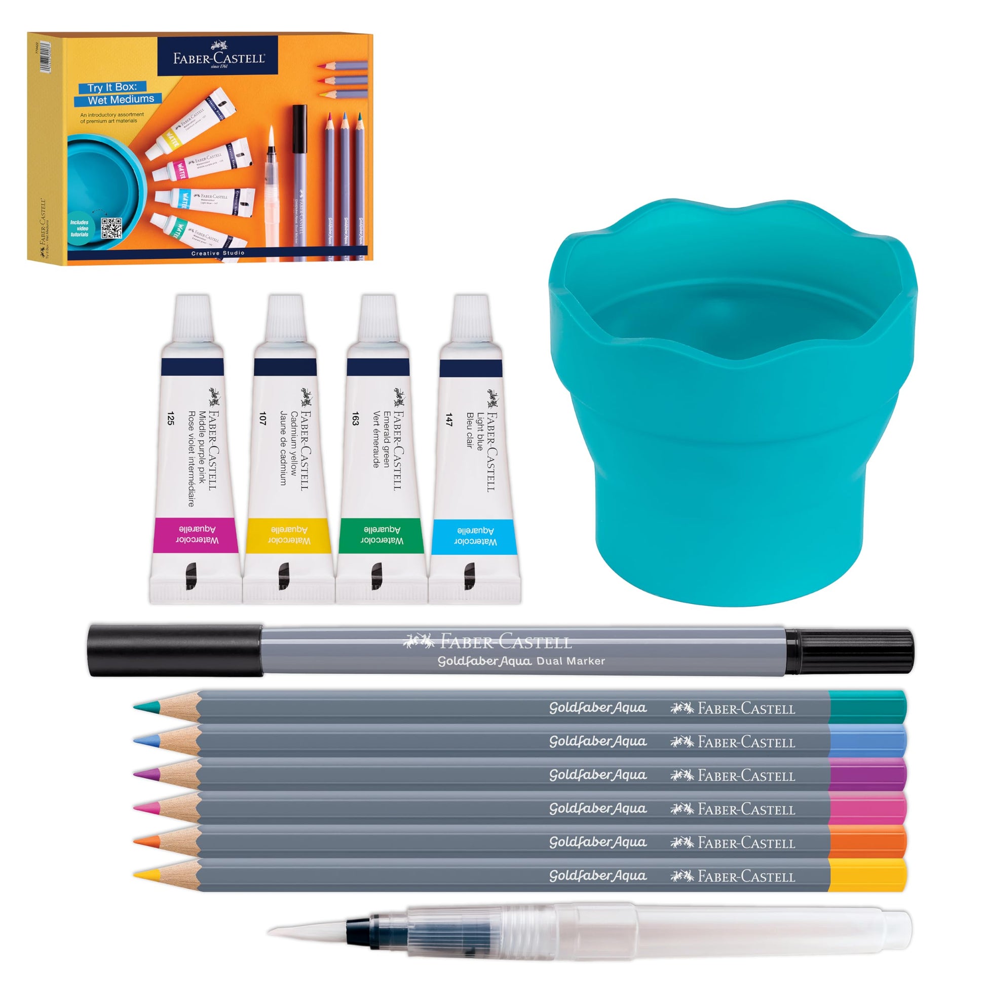 Faber-Castell Try It Box: Wet Mediums, 13 Piece Watercolor Art Set including Watercolor Pencils &