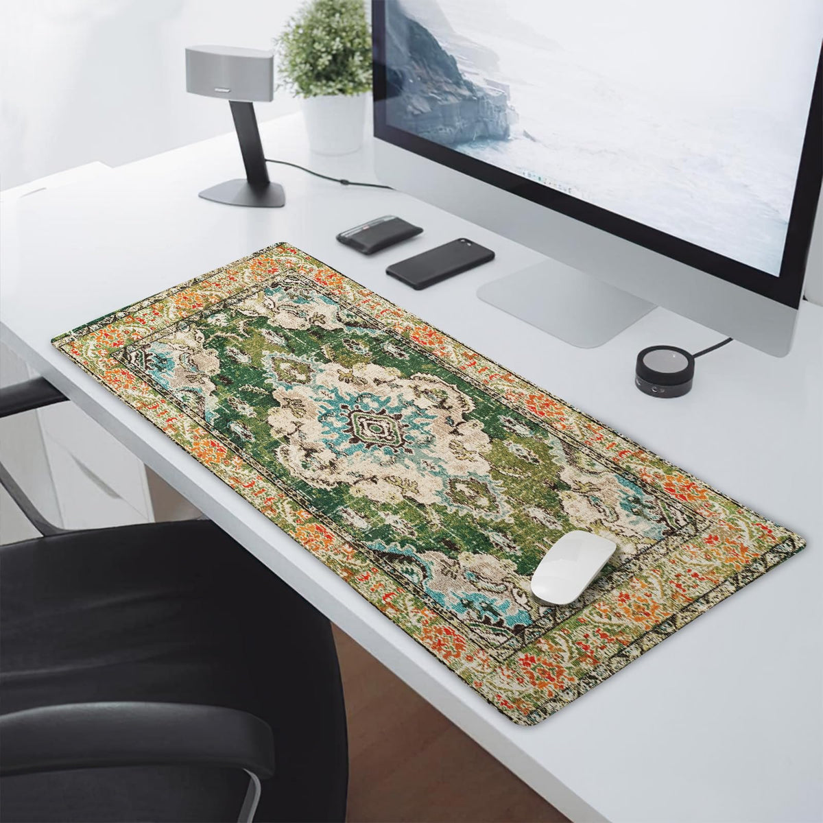 Vintage Rug Mouse Pad XXL Green Orange Retro Carpet Aesthetic Extended Table Mat 90X40 cm Non-Slip