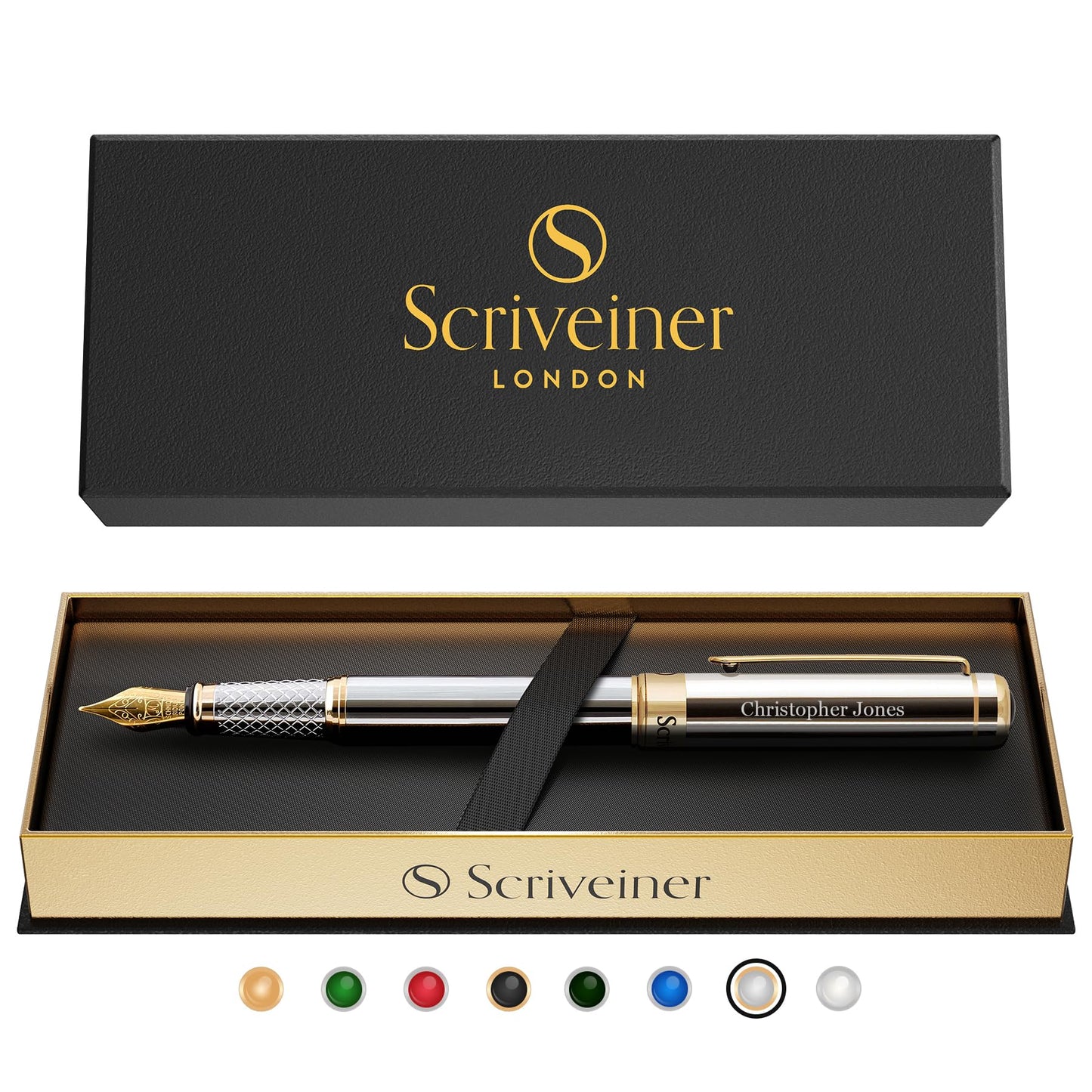 Scriveiner Personalized Silver Chrome Fountain Pen - Stunning Luxury Pen, Real Gold Plating