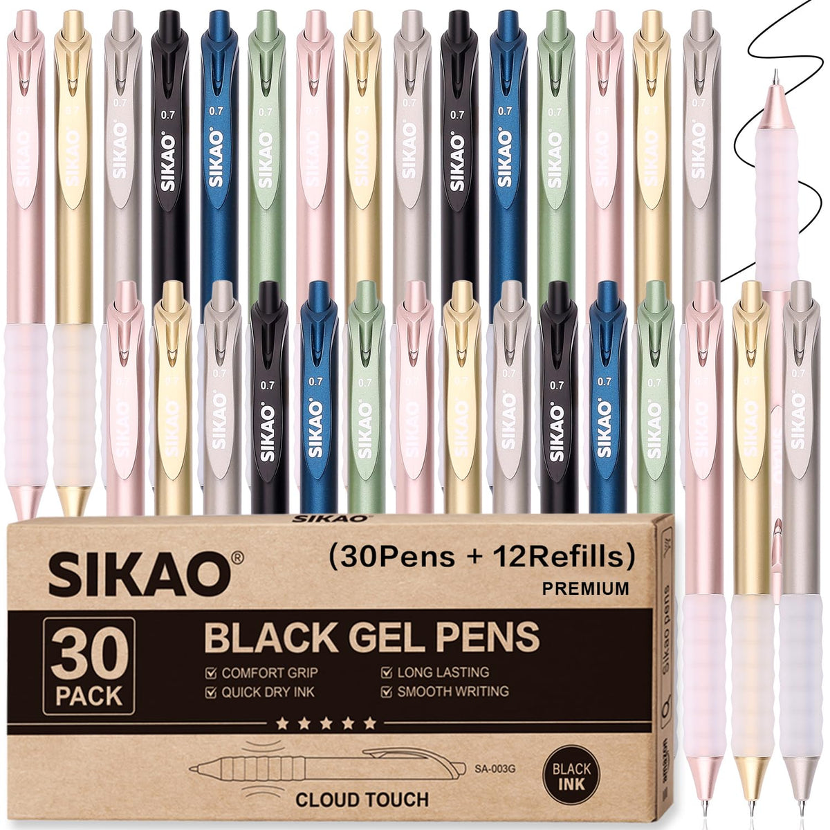 Sikao Luxe Metallic Gel Pens Bulk, 30 Pack with 12 Refills Black Ink