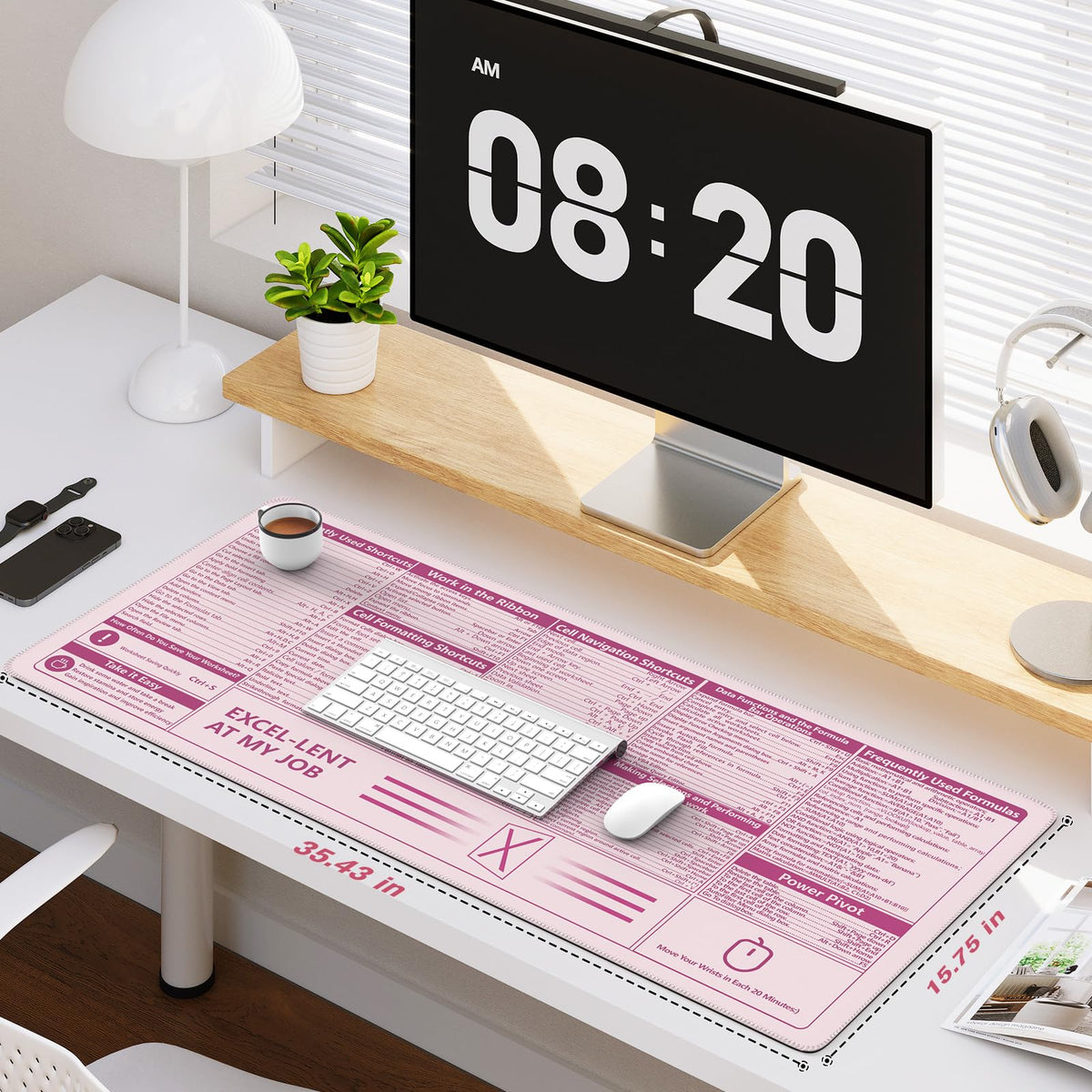 iCasso Excel Cheat Sheet Desk Pad, Pink Excel Shortcuts