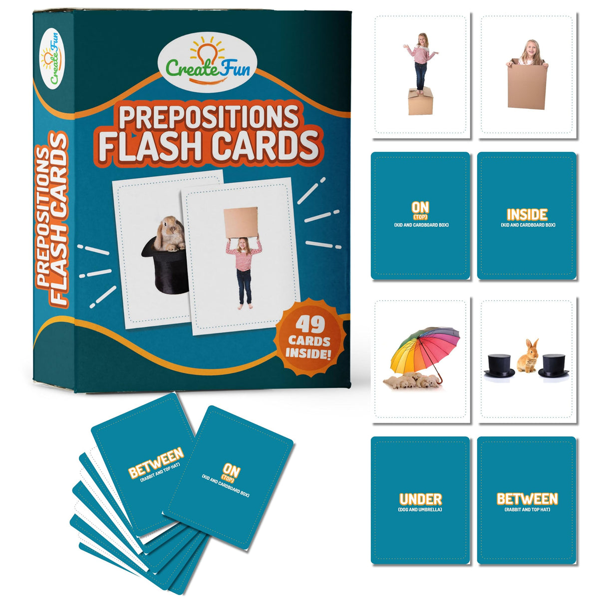 CreateFun 49 Preposition Flash Cards for Kids, School, Adults, ESL & Autism