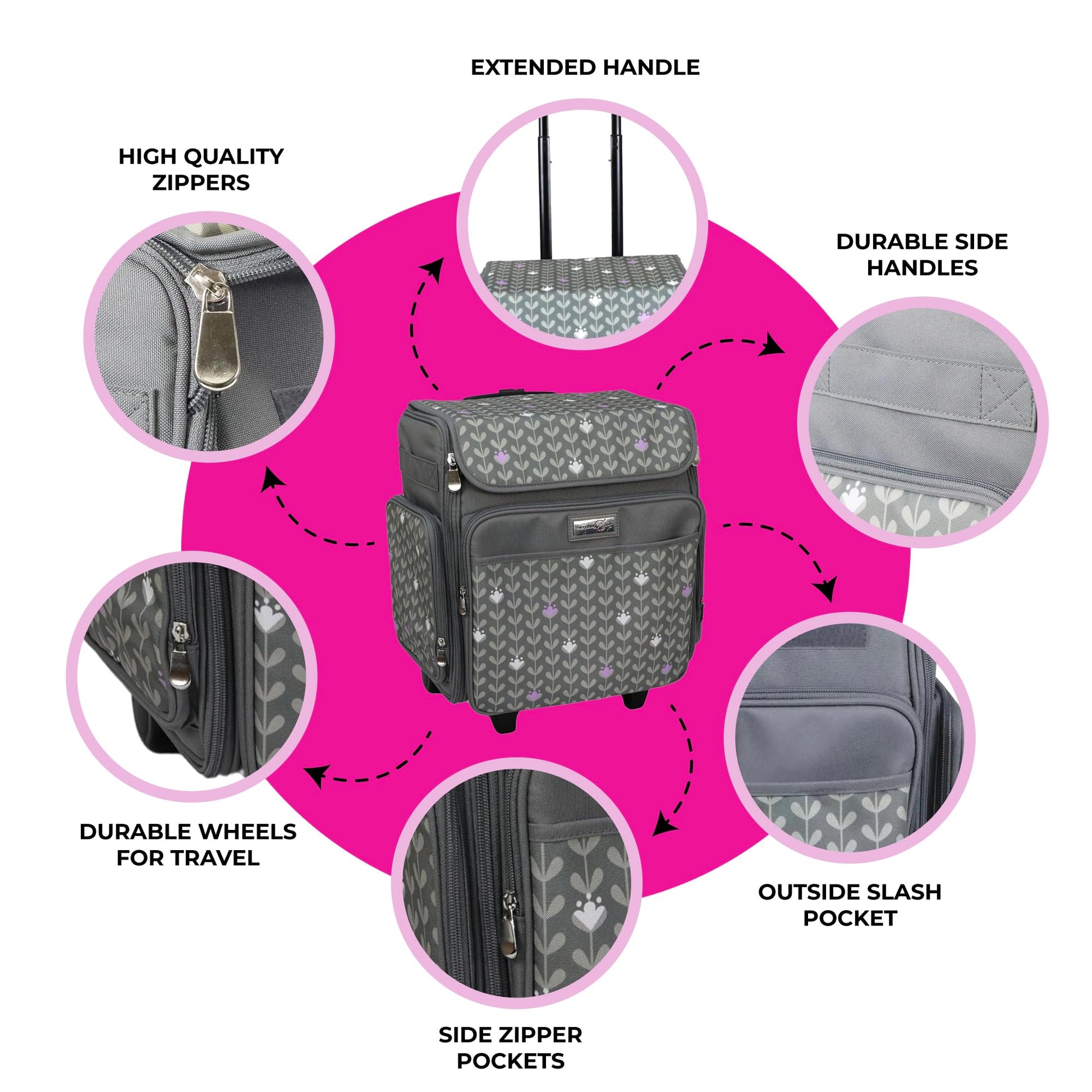 Everything Mary Rolling Scrapbook Tote – Grey Dots Foldable Craft Organizer Tote for Scrapbooking