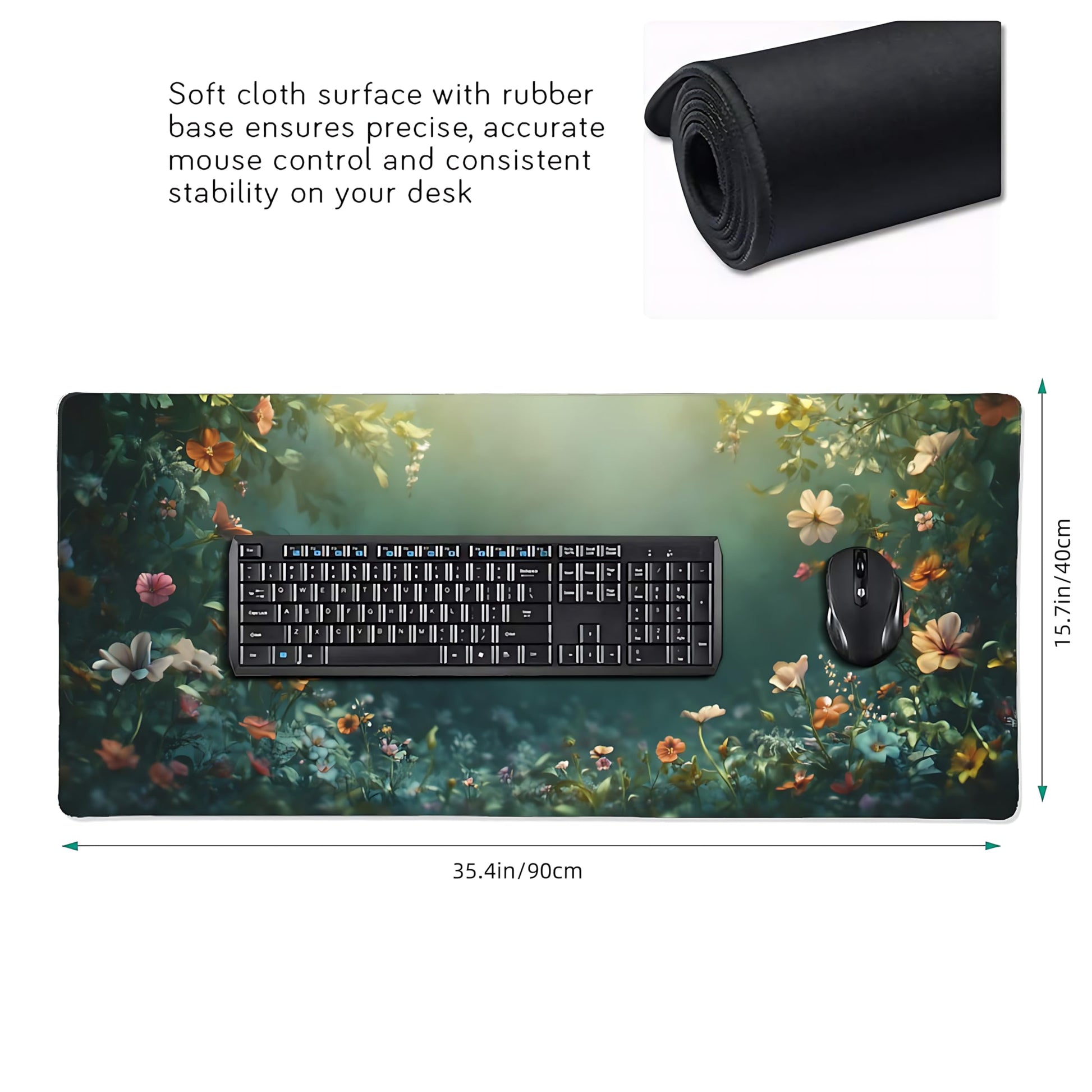 Cute Floral Aesthetic Wildflower Gaming Mouse Pad, Forest Green Moody Forest Desk Mat with