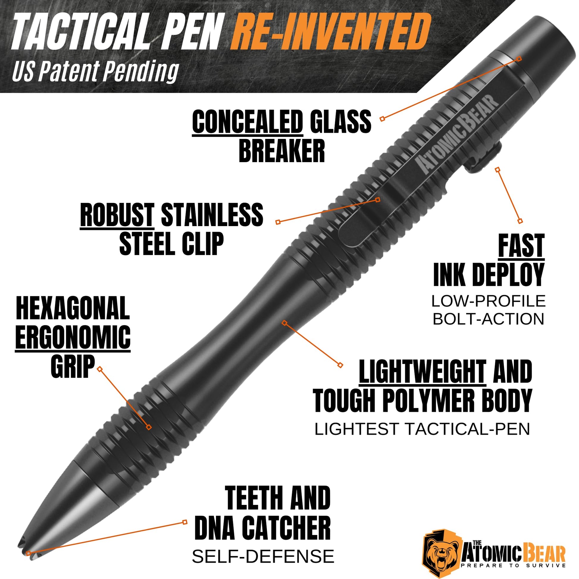 The Atomic Bear Stealth Pen Pro Tactical Pen for Self Defense - Enhanced Writing Survival Pen with