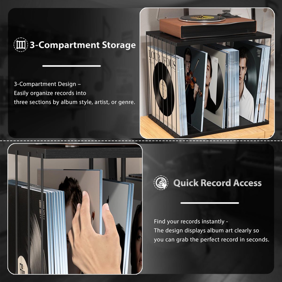 Emfogo Vinyl Record Storage, Metal & Wooden Vinyl Record Holder Up to 80 Album, 3-Compartment