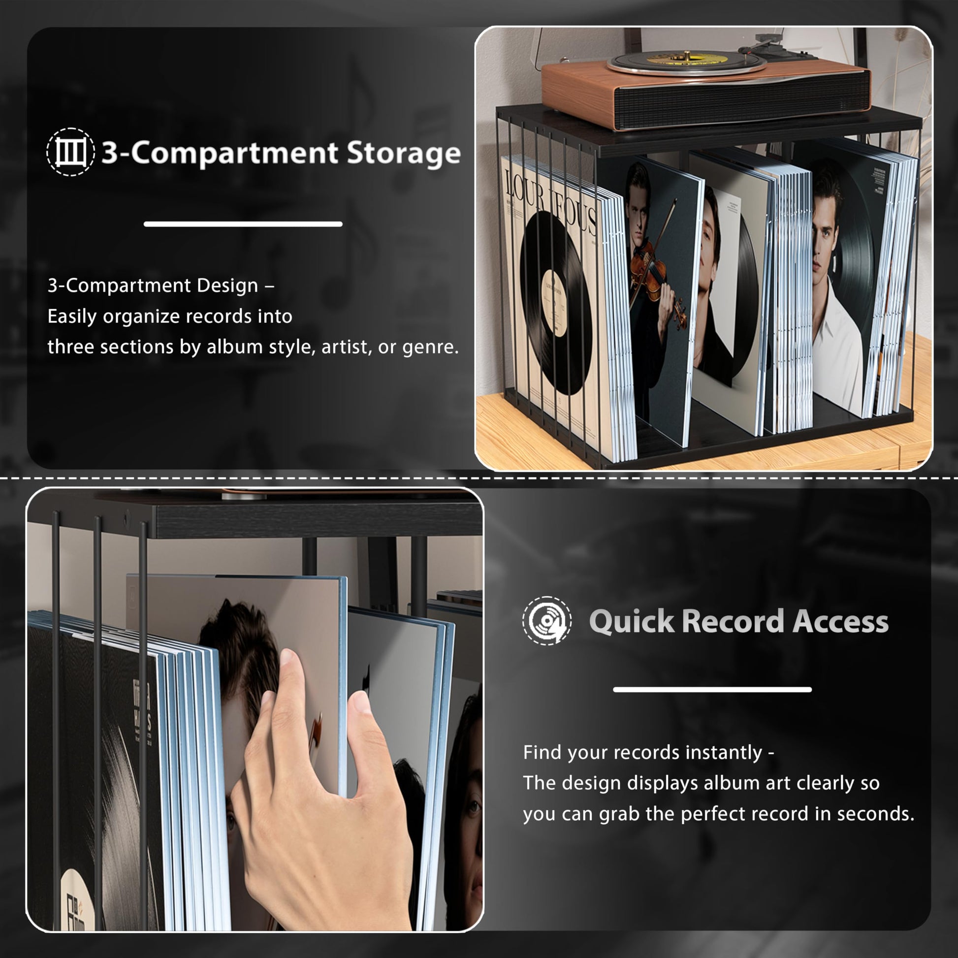 Emfogo Vinyl Record Storage, Metal & Wooden Vinyl Record Holder Up to 80 Album, 3-Compartment
