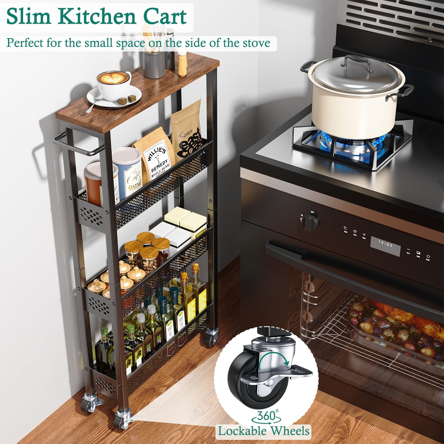 XYZLVSI Utility Slim Storage Cart on Wheels, 4 Tier Laundry Room Organizers