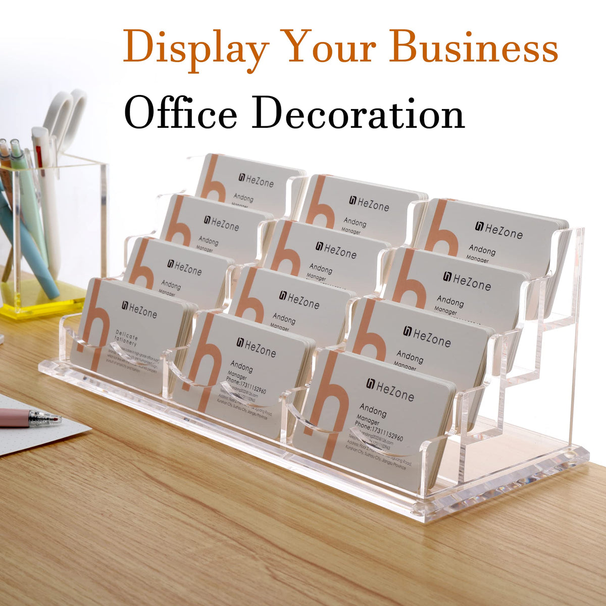 HeZone Business Card Holder Display for Desk, 12 Slot 4 Tier Multiple-Clear Acrylic Business Card