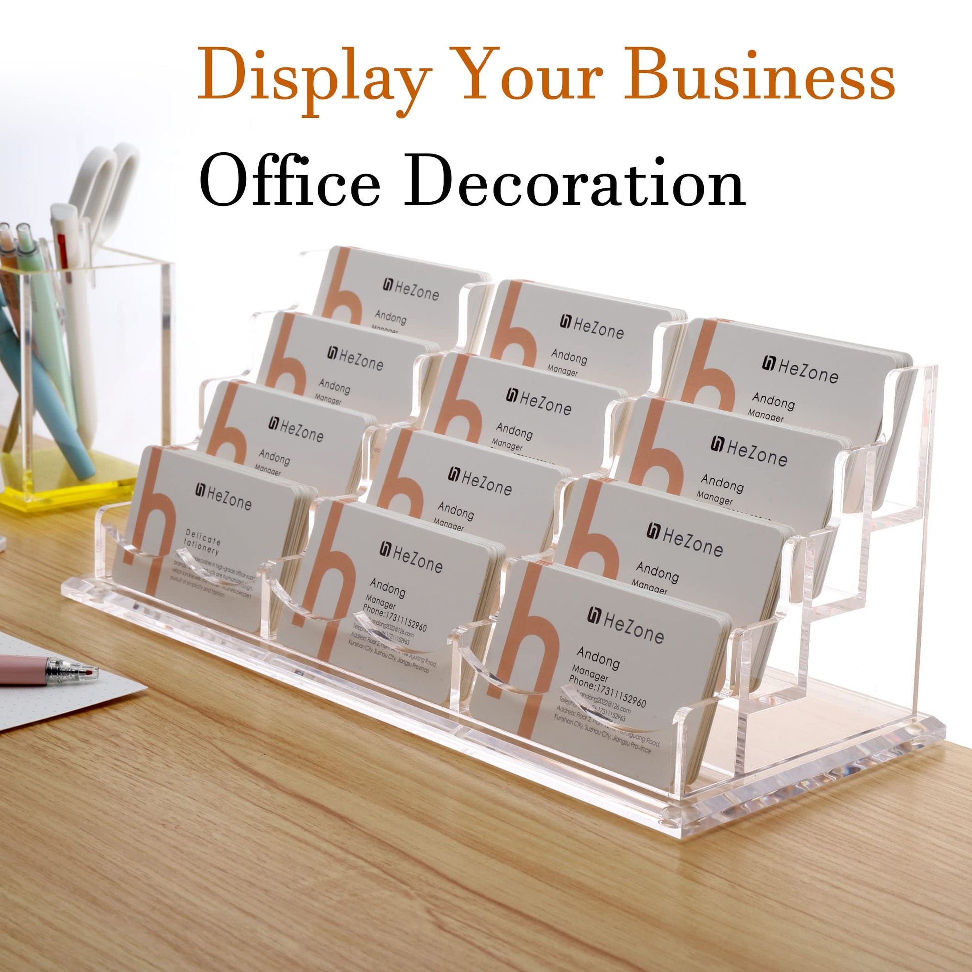 HeZone Business Card Holder Display for Desk, 12 Slot 4 Tier Multiple-Clear Acrylic Business Card