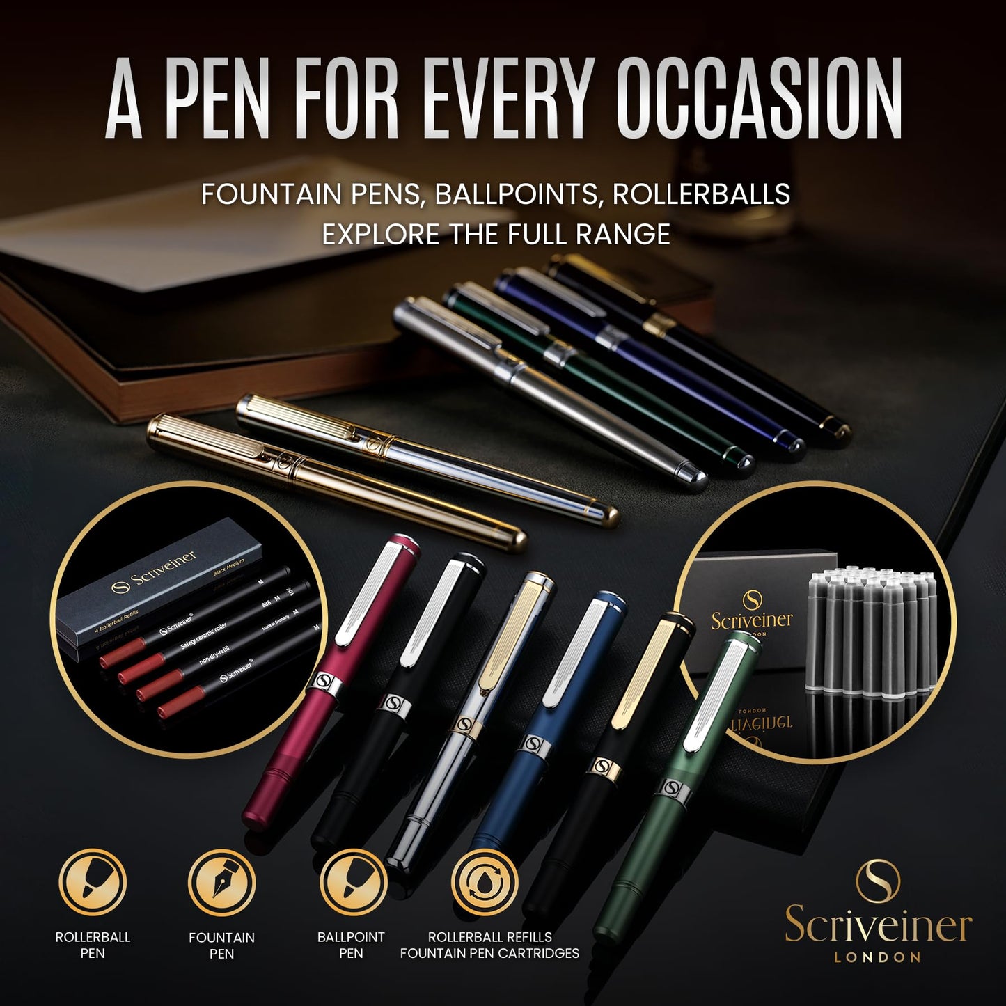 Scriveiner Deep Crimson Red Fountain Pen - Stunning Luxury Pen with Chrome Finish, Schmidt Nib