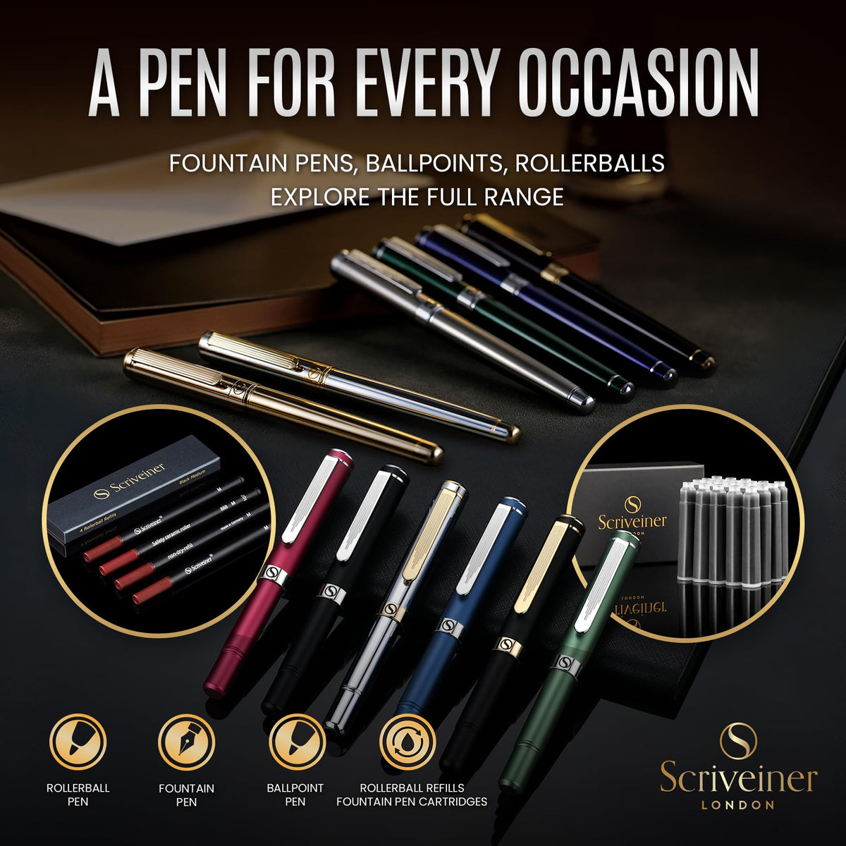 Scriveiner Deep Crimson Red Fountain Pen - Stunning Luxury Pen with Chrome Finish, Schmidt Nib