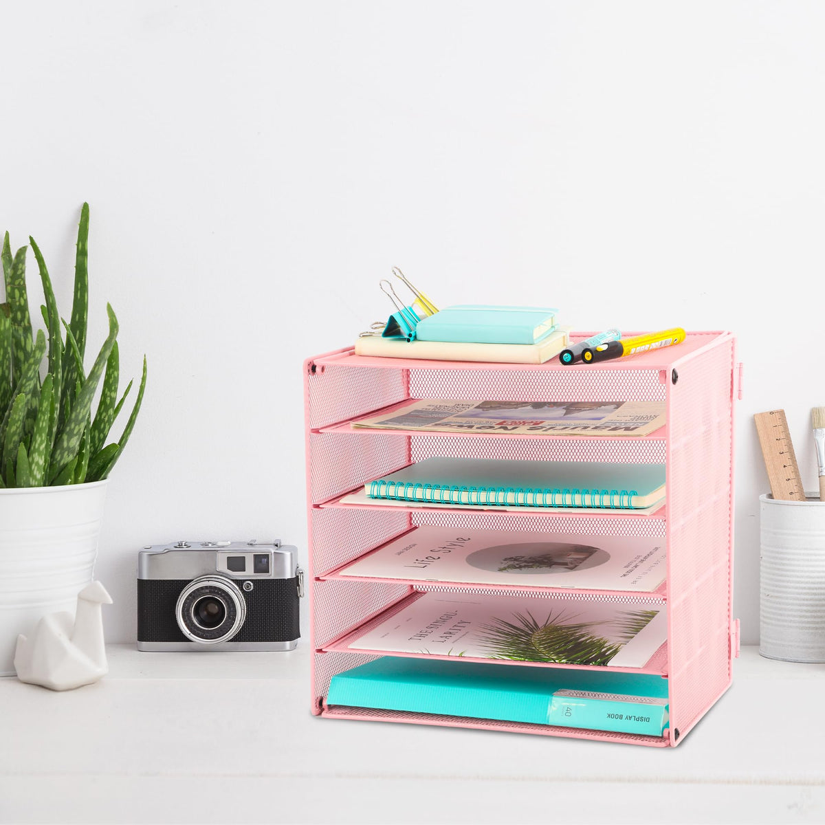 EASEPRES 5 Slot Mesh Desk Organizer Tray, File Paper Letter Folder Holder Desktop Paper Sorter Mail
