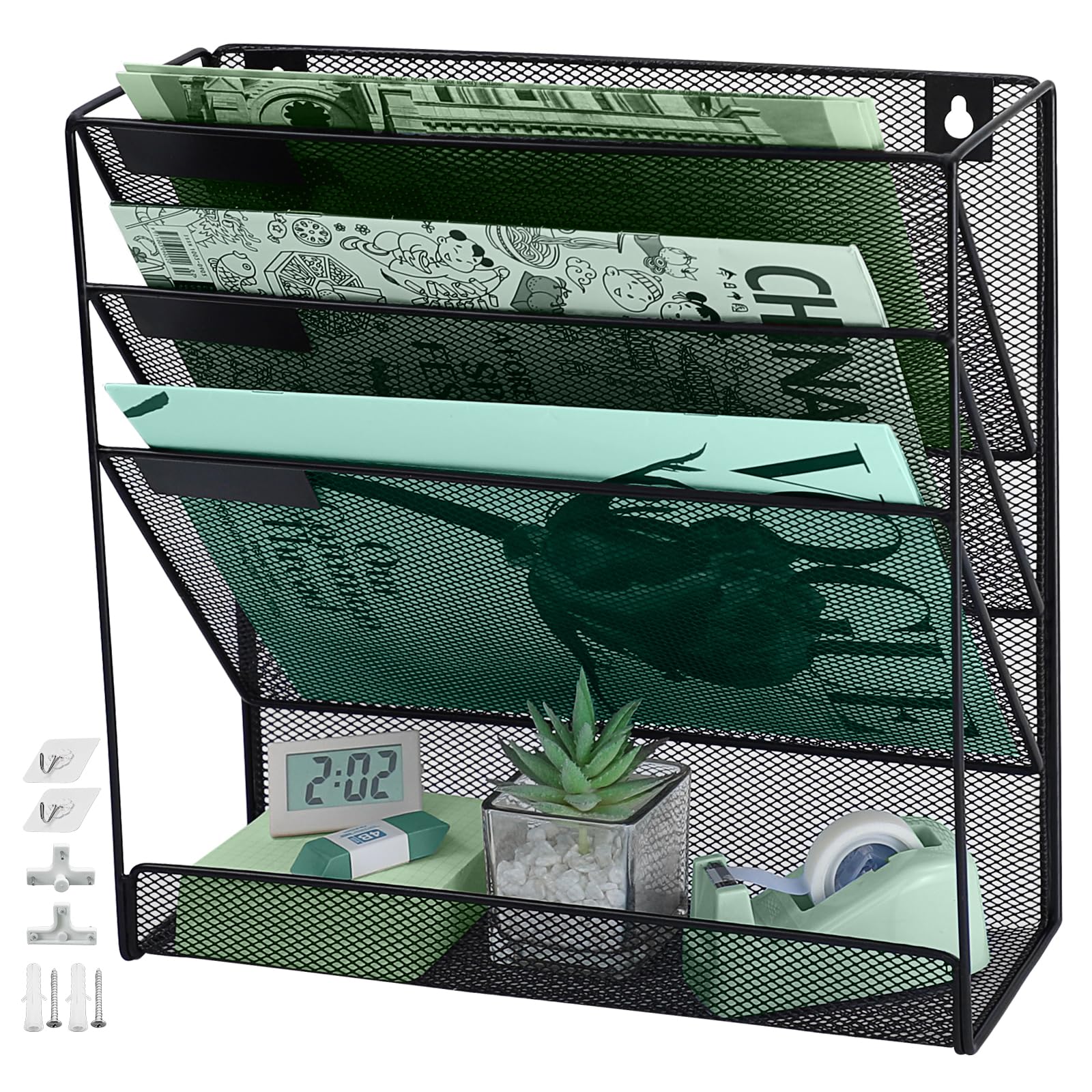 ideallife 3 Pockets Mesh Wall File Holder Organizer with Bottom Flat Tray, Office Hanging File