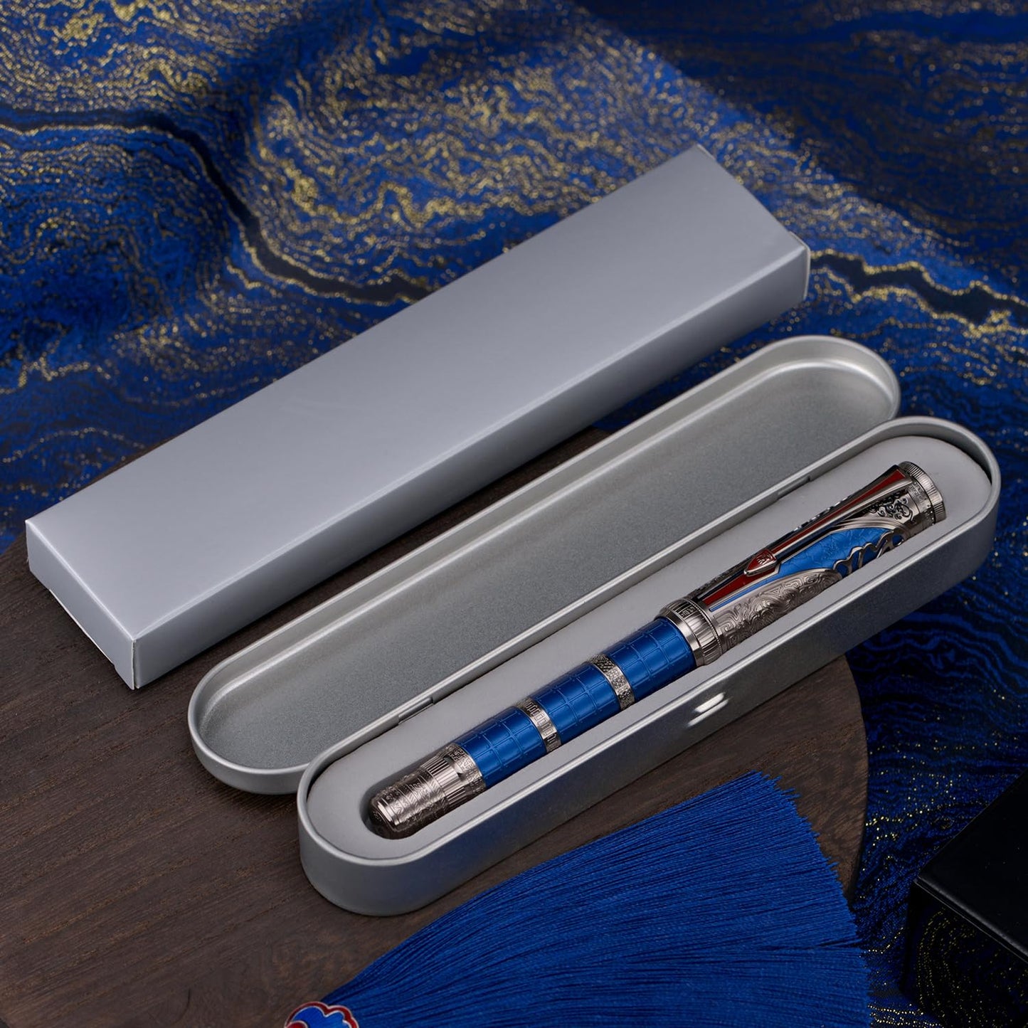 Hongdian D5X Fountain Pen Blue Color Fine Nib, Qin Dynasty Retro Chinese Totem Engraving Smooth
