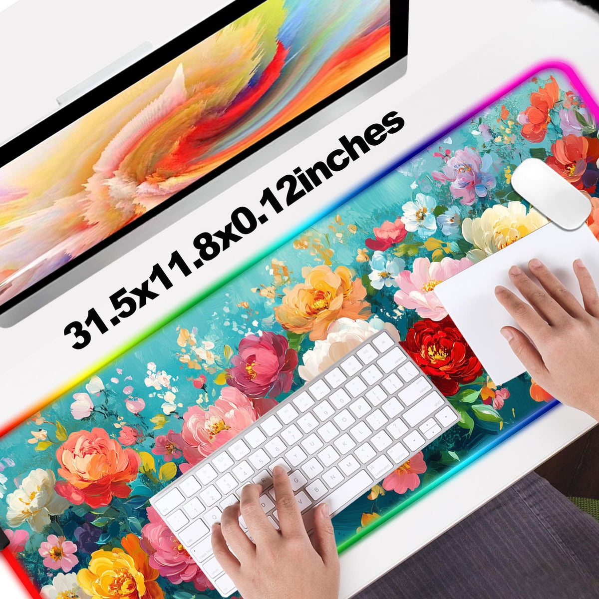 JIANG100 RGB Colorful Flower Peony Gaming Desk Mat & Floral Mouse Pad, XL