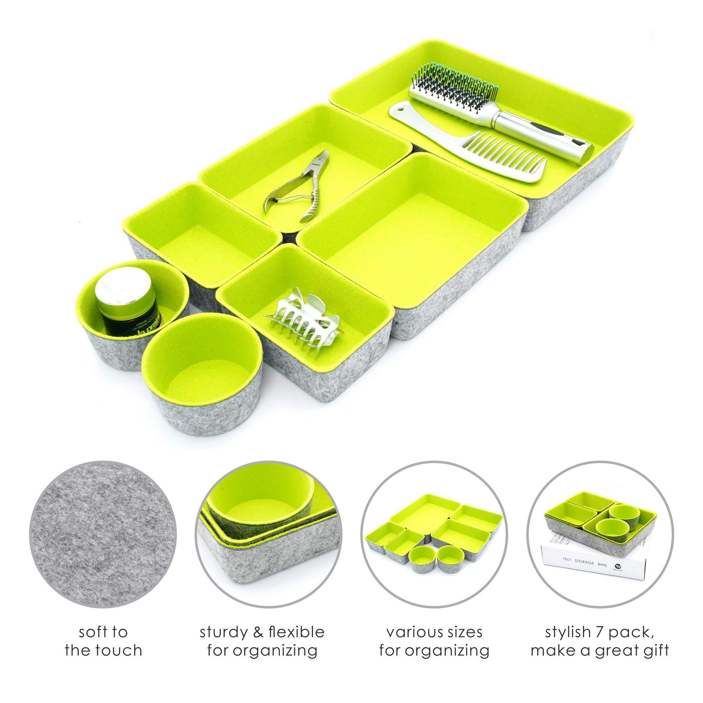 Welaxy Felt Drawer Organizer Bin 7 pc Green Desk Nightstand Catchall Tray