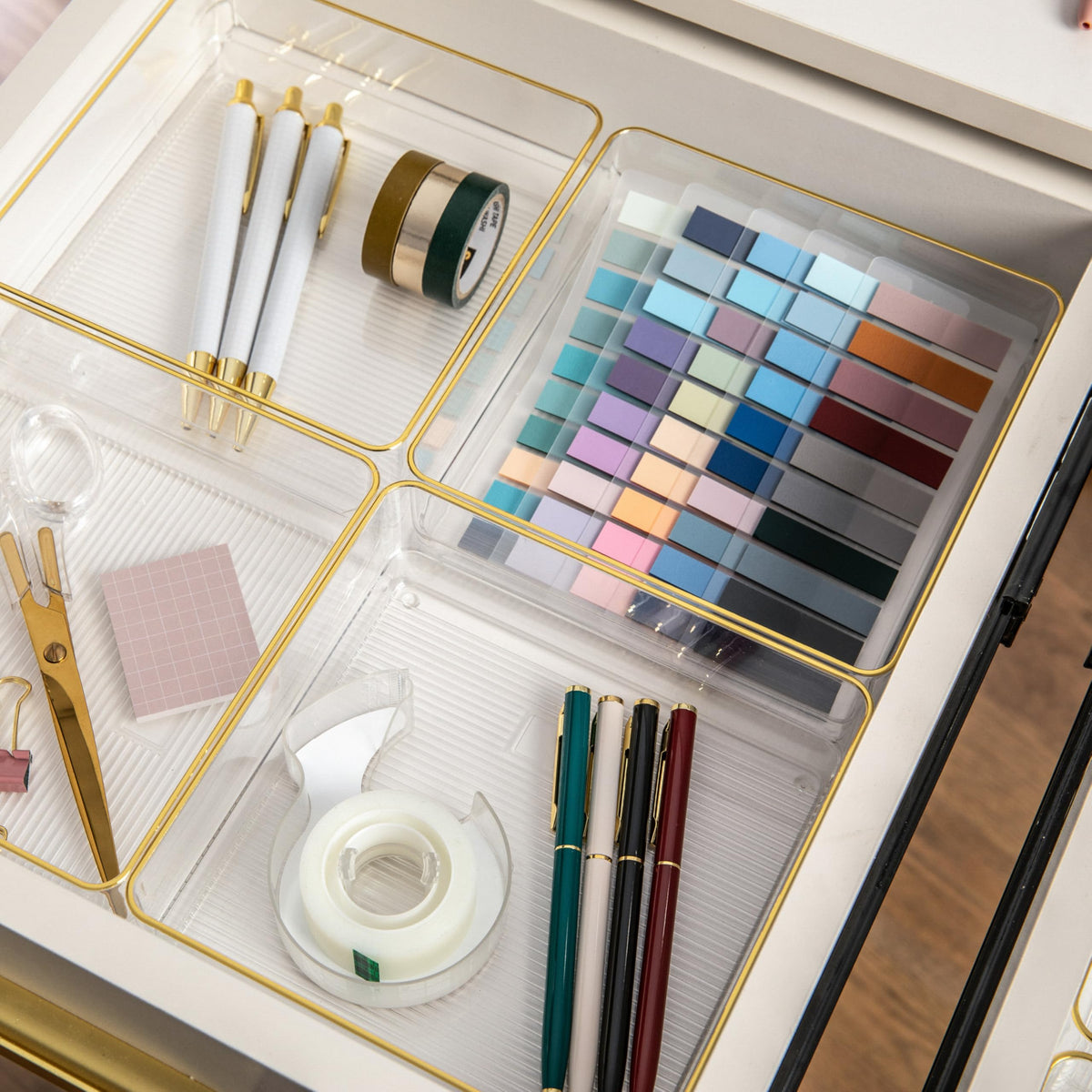 Martha Stewart Kerry Stackable Desk Drawer Organizers, Clear/Gold, 4-Pack