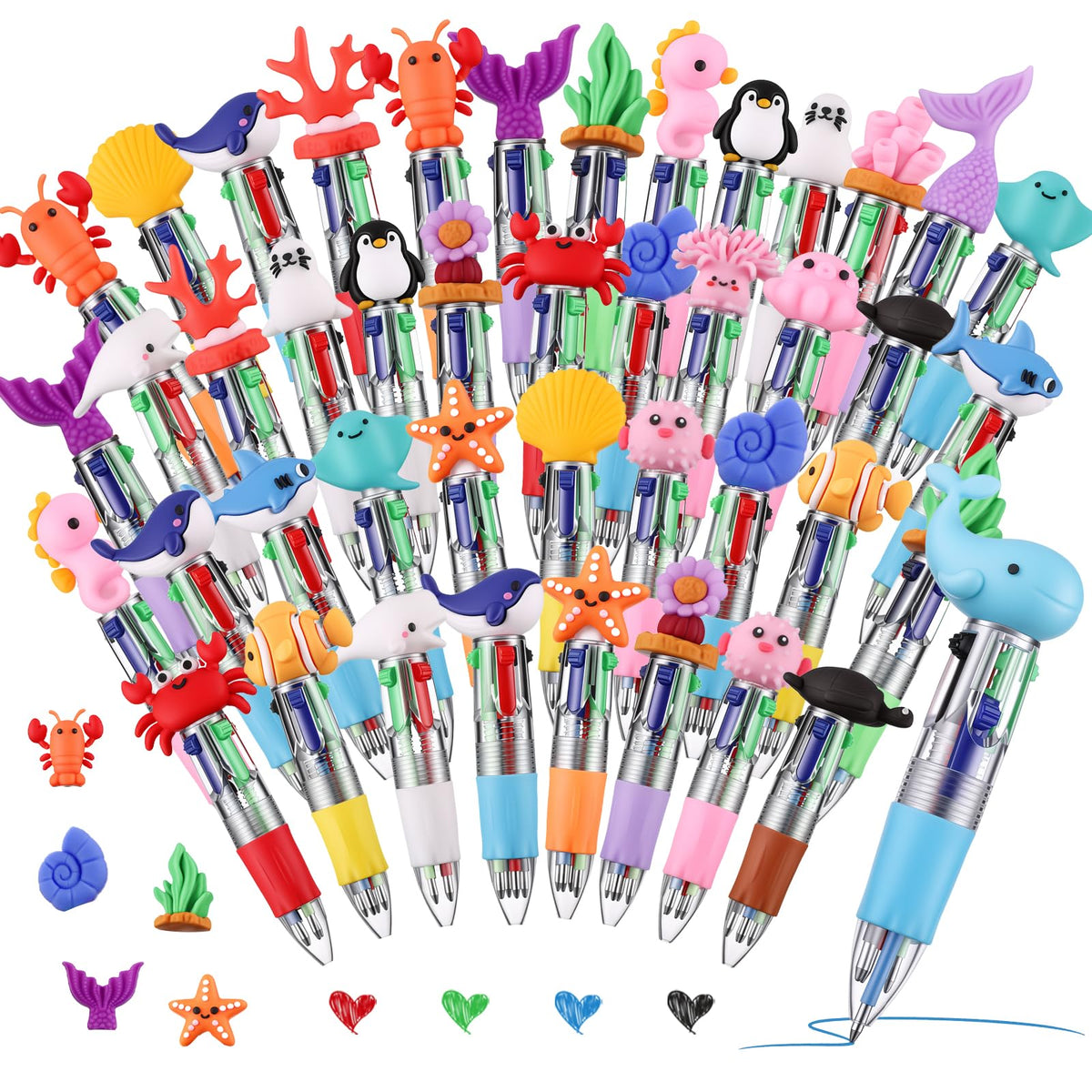 BESARME 48 Pcs Ocean Pens for Students, 4-in-1 Cute Pen Gifts
