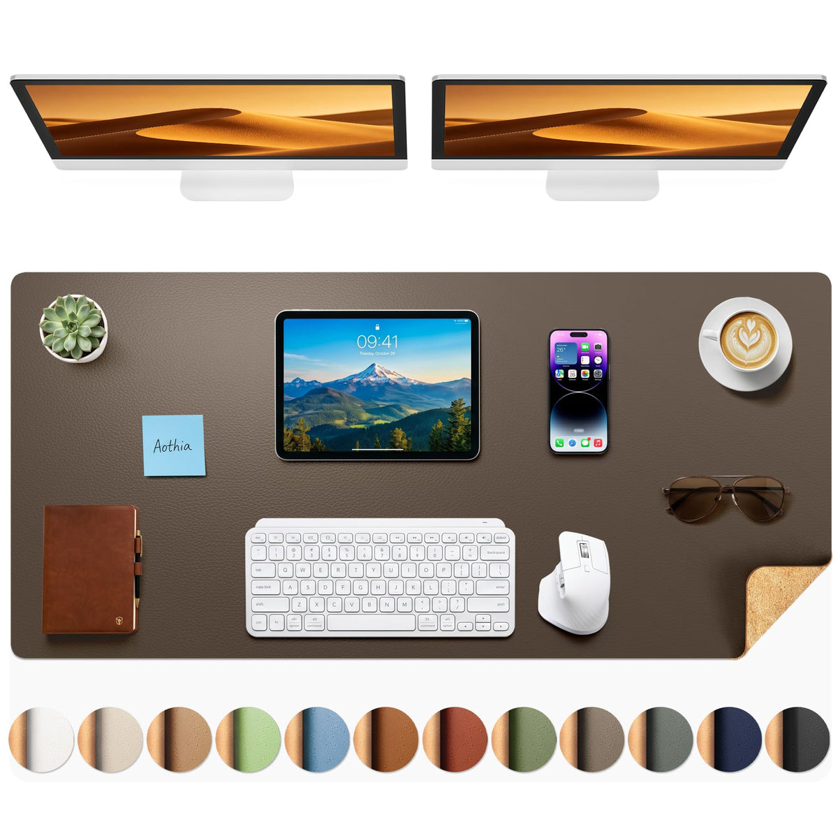 Aothia Cork Desk Mat - Dual-Sided Extra Large Desk Pad & Keyboard Mat, Long PU Leather Desk
