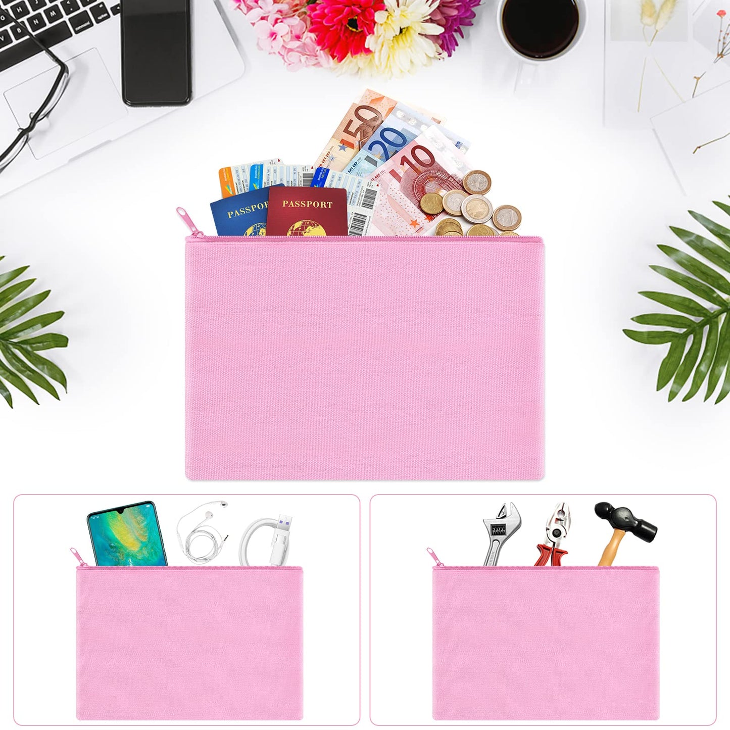 Sinzip 12 Pieces Cotton Canvas Makeup Bag, Multipurpose Cosmetic Bag with Zipper Travel Toiletry