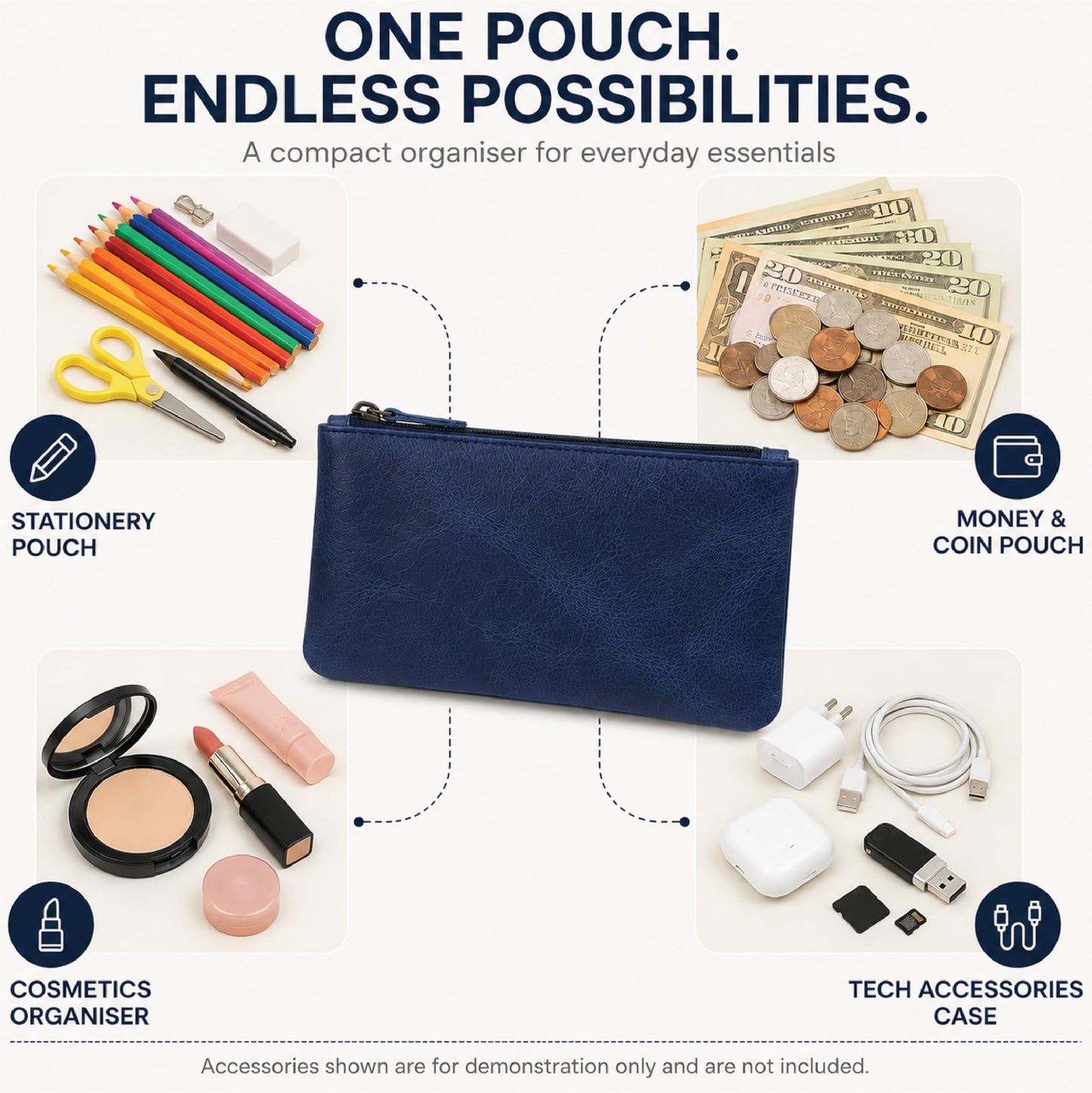 TheAntiq Blue Leather Pencil Pouch with Zipper - Slim Pen Holder (8" x 4" Inches), Coin Pouch &