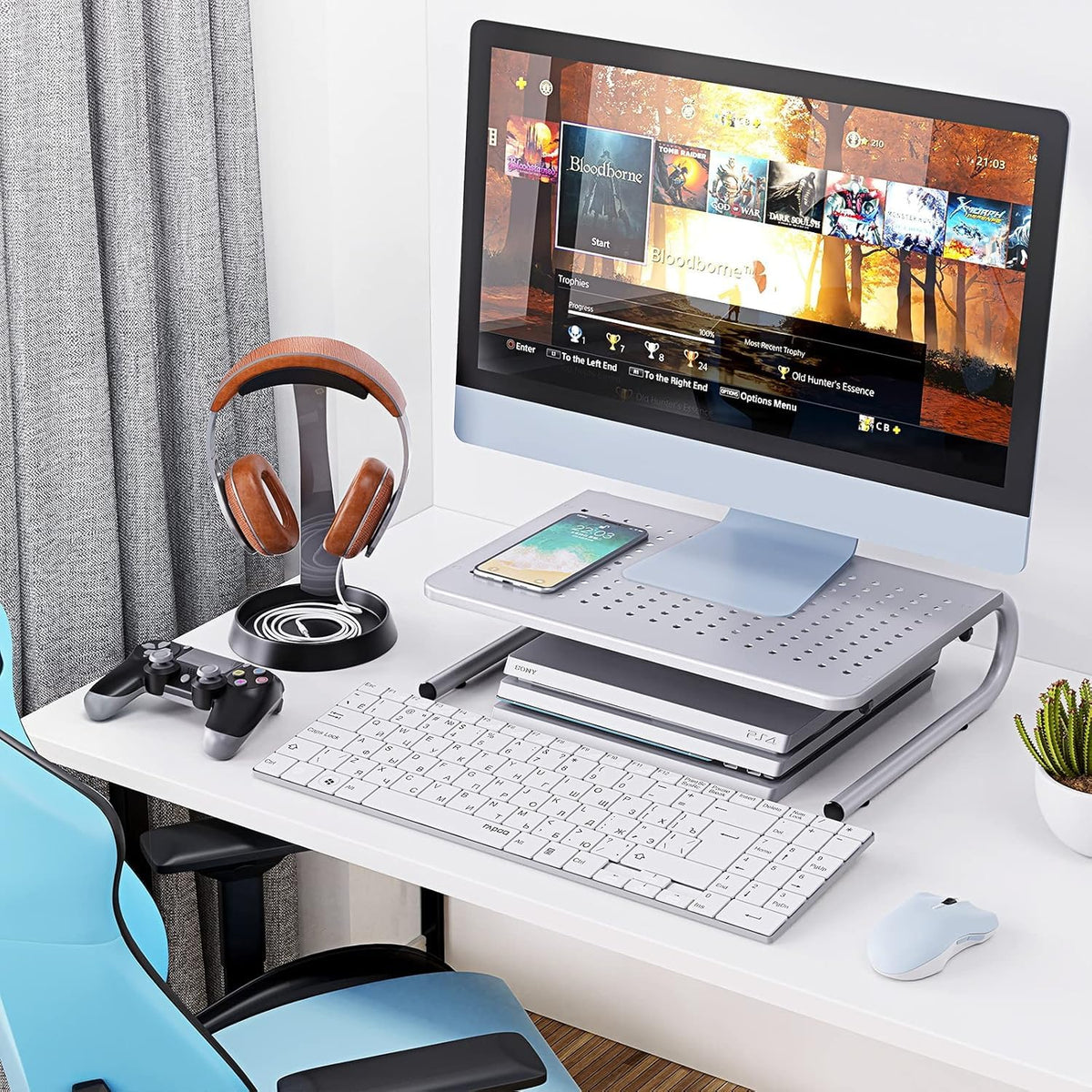 HUANUO Monitor Riser for Desk, Laptop Stand with Vented Steel Shelf, Silver