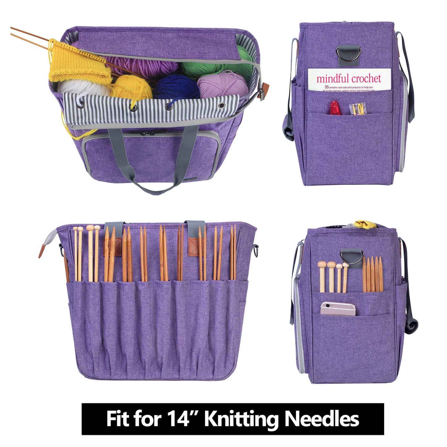 LUXJA Large Knitting Bag with Shoulder Straps, Purple