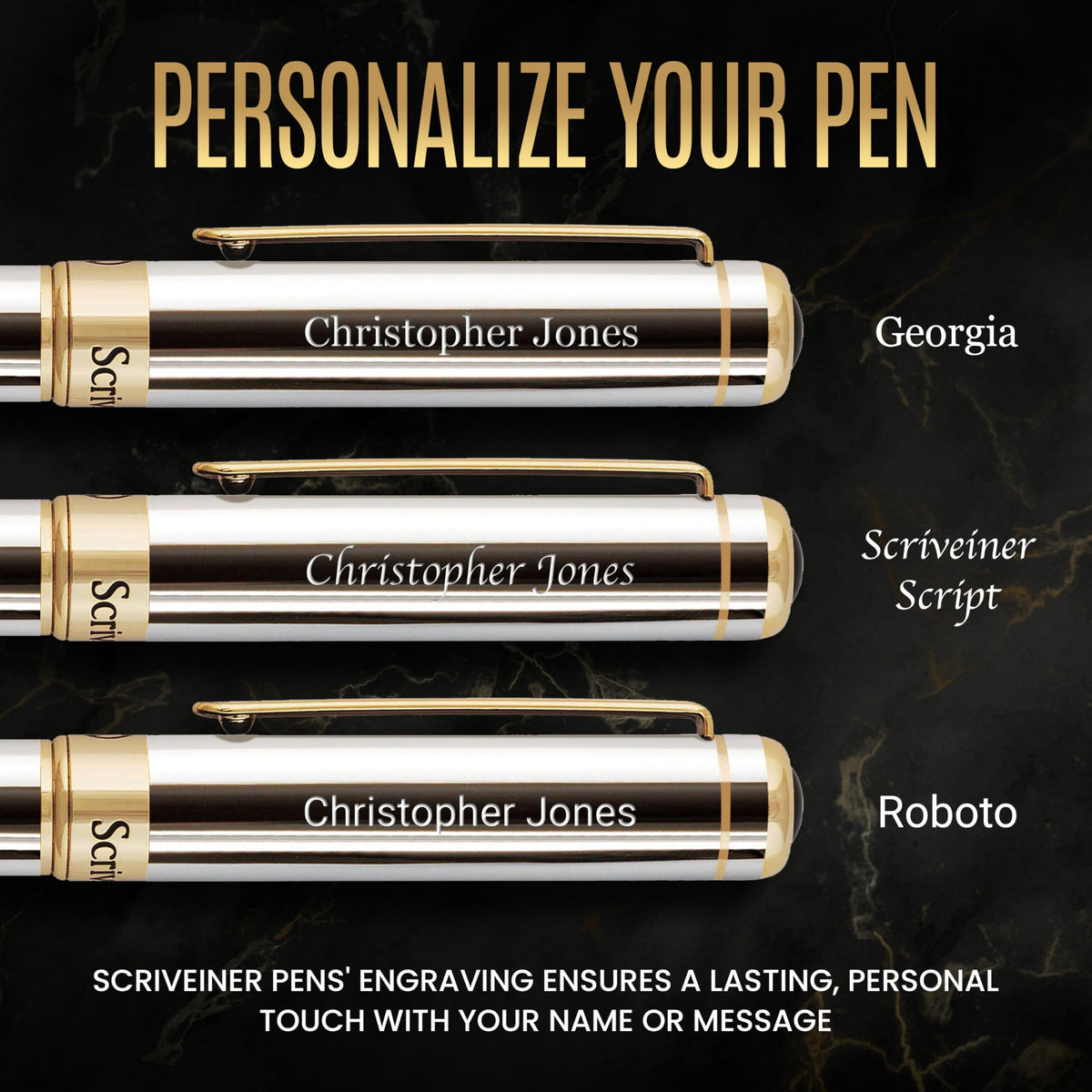 Scriveiner Personalized Silver Chrome Ballpoint Pen - Stunning Luxury Pen, Real Gold Plating