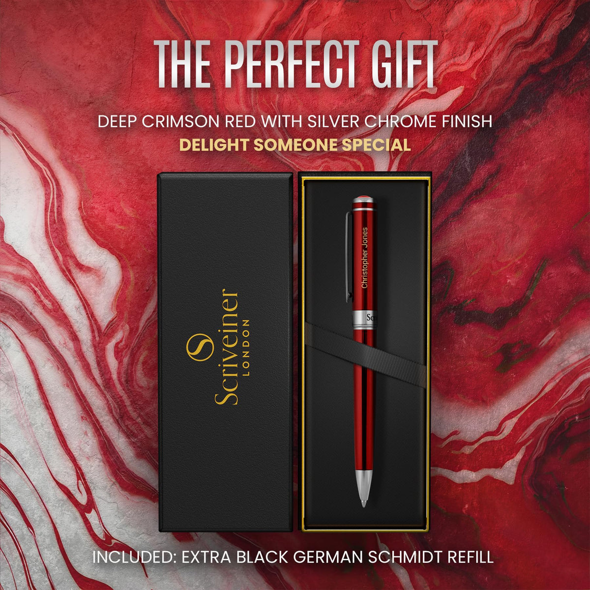 Scriveiner Personalized Deep Crimson Red Ballpoint Pen - Stunning Red Lacquer Luxury Pen with