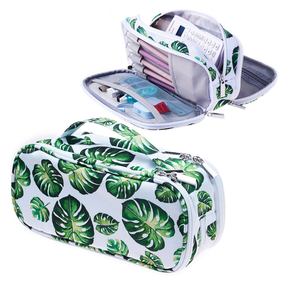 LParkin Tree Leaves Cute Pencil Case Super Large Capacity 3 Compartments Canvas Pen Bag Pouch
