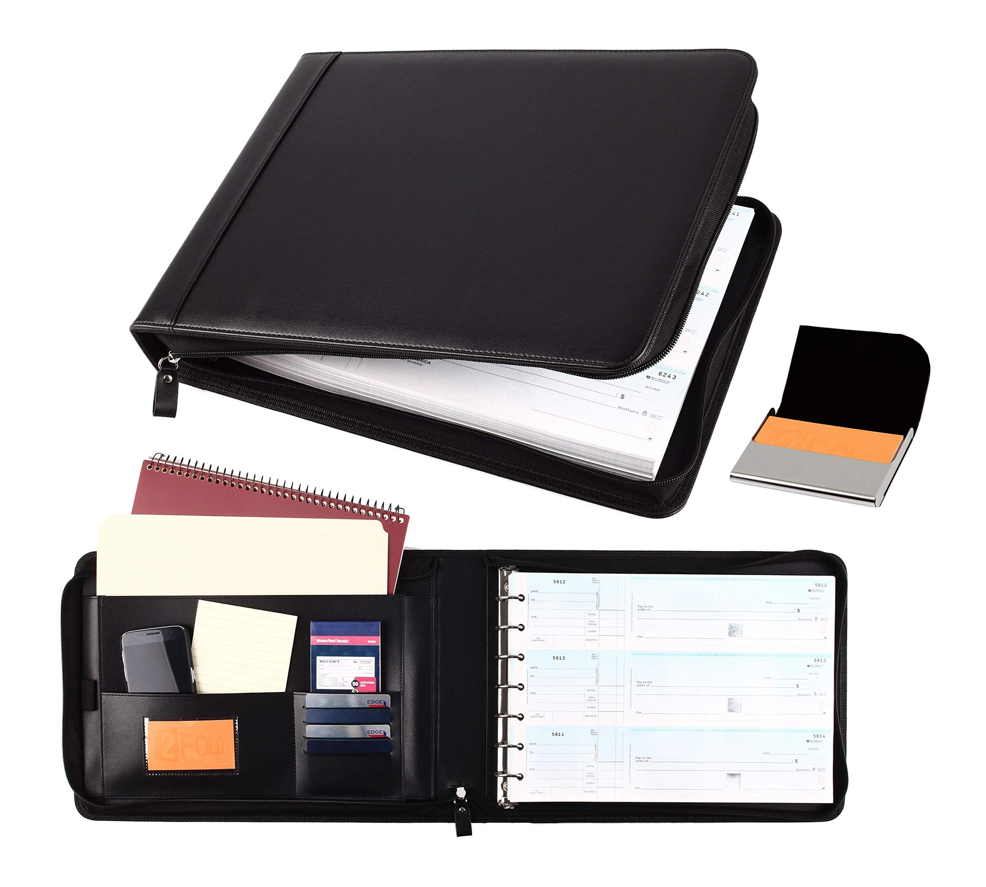 2Fold Zippered Business Checkbook Binder - 7 Ring Binder for Business Checks with Built-in